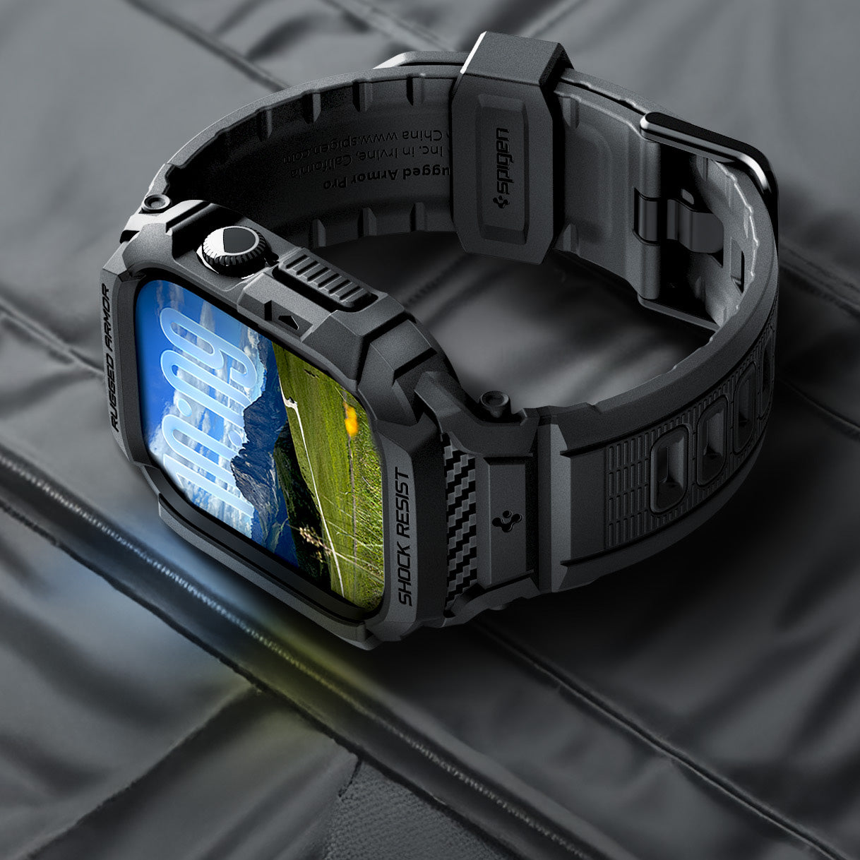 Schutzhülle mit Armband für Apple Watch 11 / 10 46 mm, Spigen Rugged Armor Pro 2, Schwarz