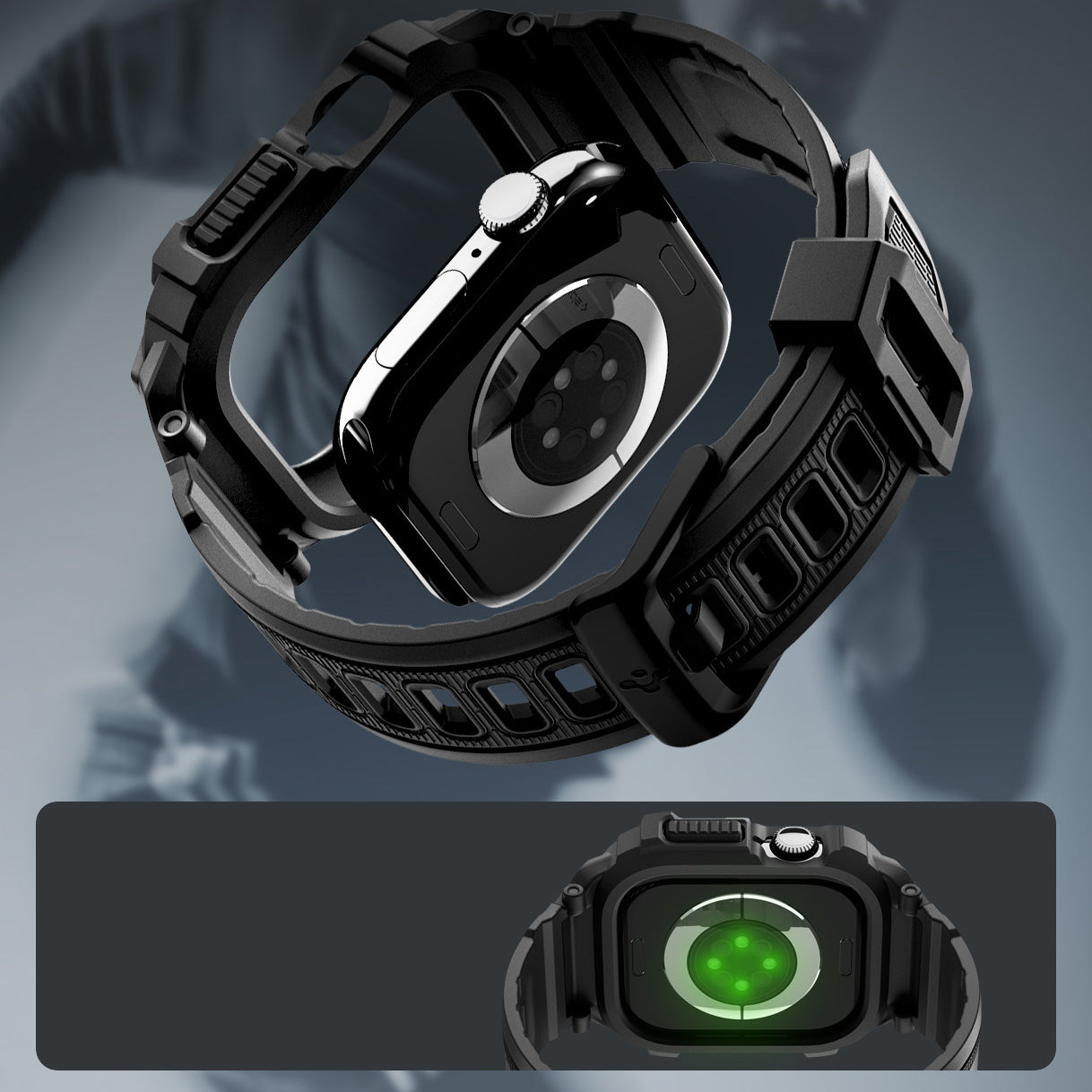 Schutzhülle mit Armband für Apple Watch 11 / 10 46 mm, Spigen Rugged Armor Pro 2, Schwarz