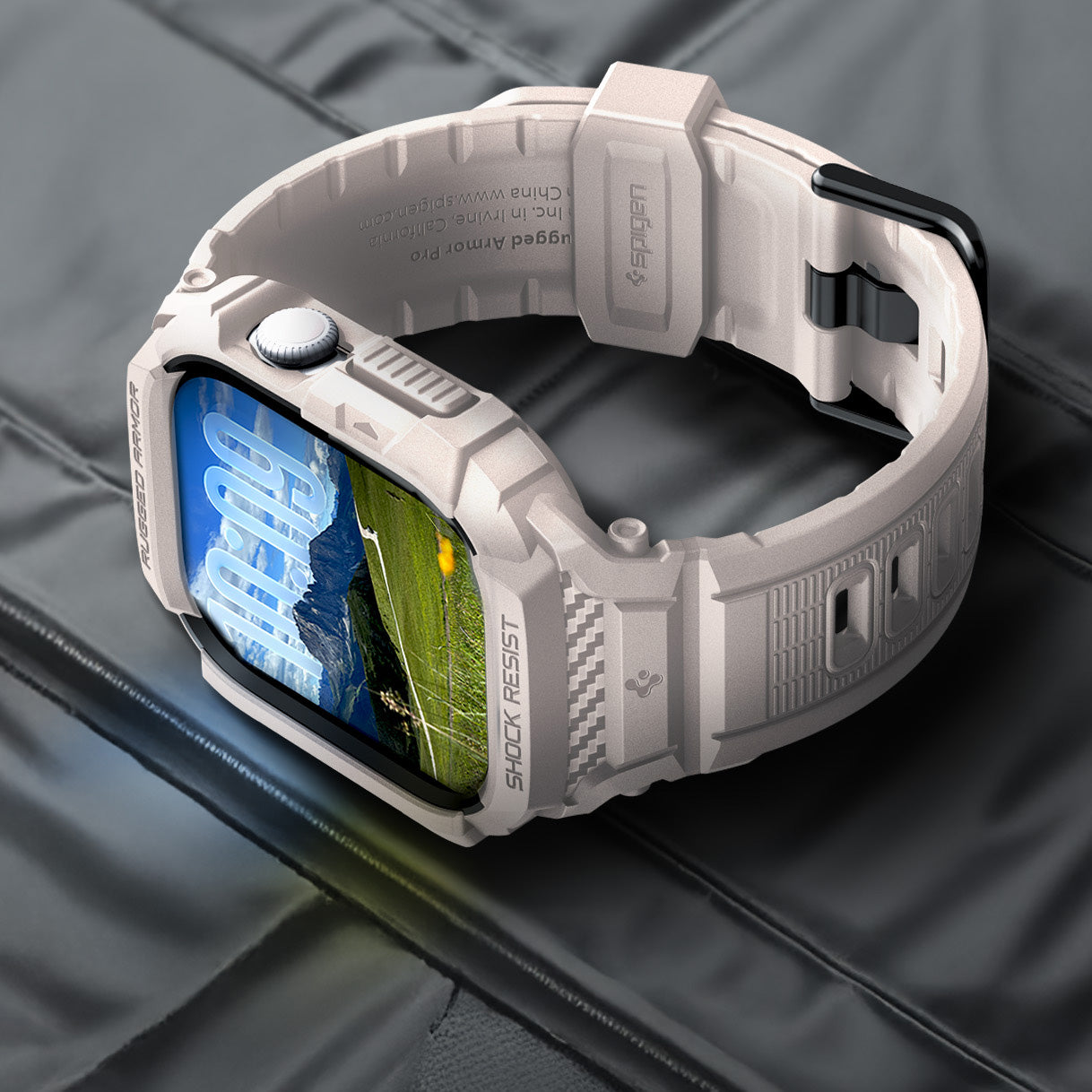 Schutzhülle mit Armband für Apple Watch 11 / 10 46 mm, Spigen Rugged Armor Pro 2, Beige