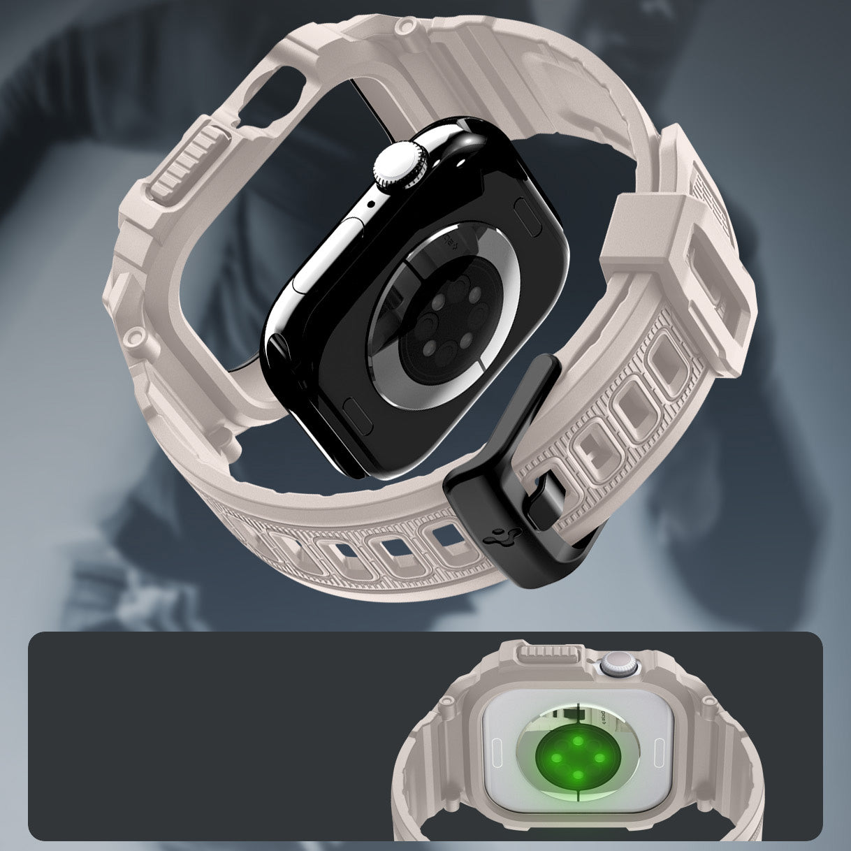 Schutzhülle mit Armband für Apple Watch 11 / 10 46 mm, Spigen Rugged Armor Pro 2, Beige