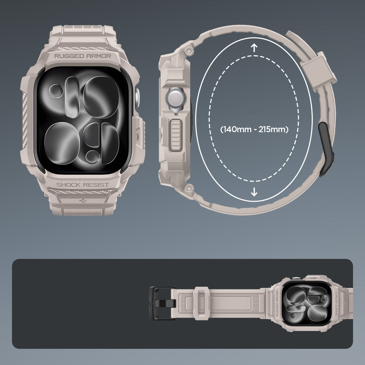 Schutzhülle mit Armband für Apple Watch 11 / 10 46 mm, Spigen Rugged Armor Pro 2, Beige