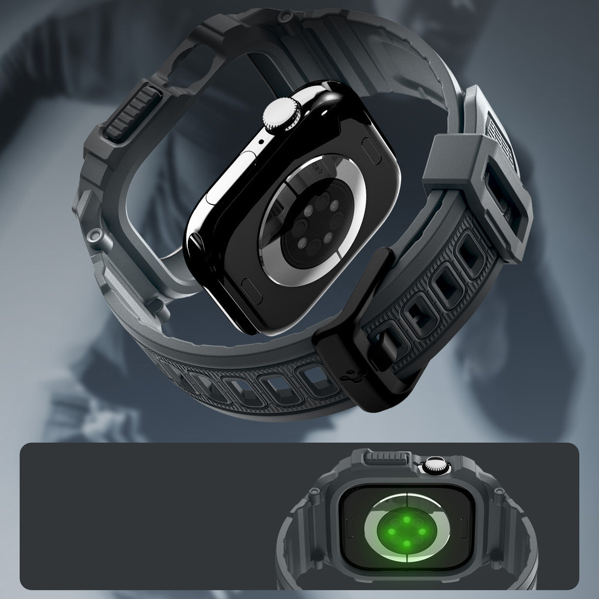 Schutzhülle mit Armband für Apple Watch 11 / 10 46 mm, Spigen Rugged Armor Pro 2, Grau