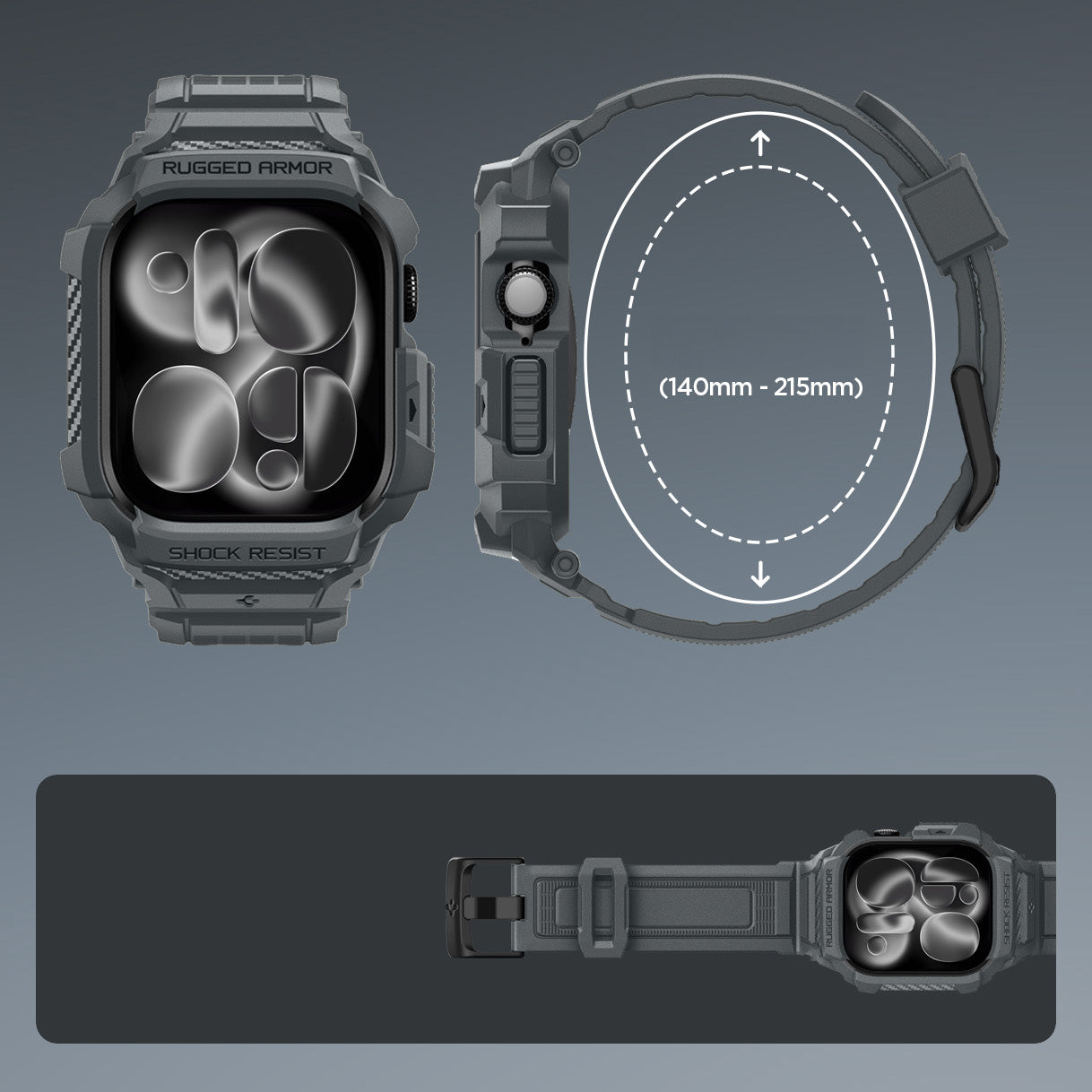 Schutzhülle mit Armband für Apple Watch 11 / 10 46 mm, Spigen Rugged Armor Pro 2, Grau