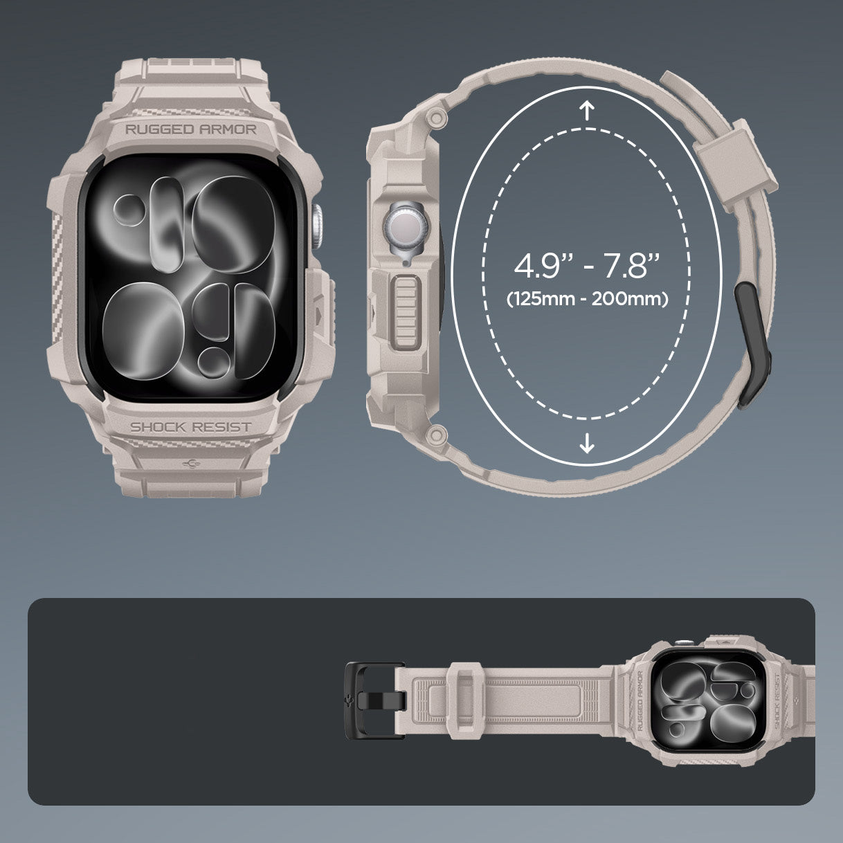 Schutzhülle mit Armband für Apple Watch 11 / 10 42 mm, Spigen Rugged Armor Pro 2, Beige