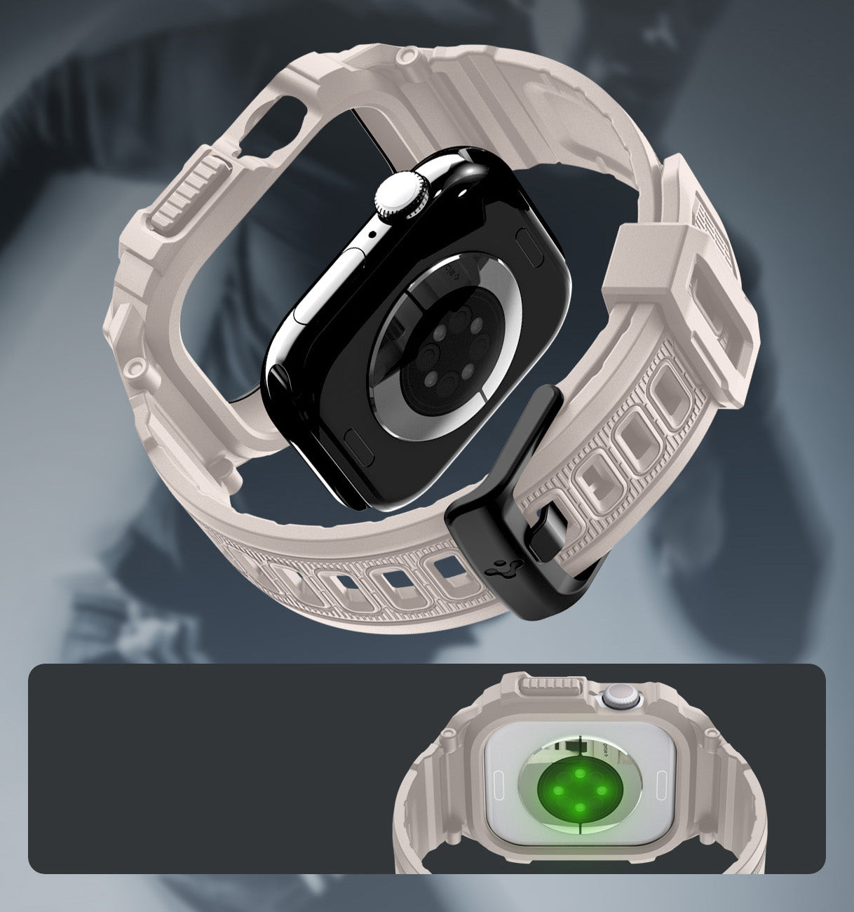 Schutzhülle mit Armband für Apple Watch 11 / 10 42 mm, Spigen Rugged Armor Pro 2, Beige
