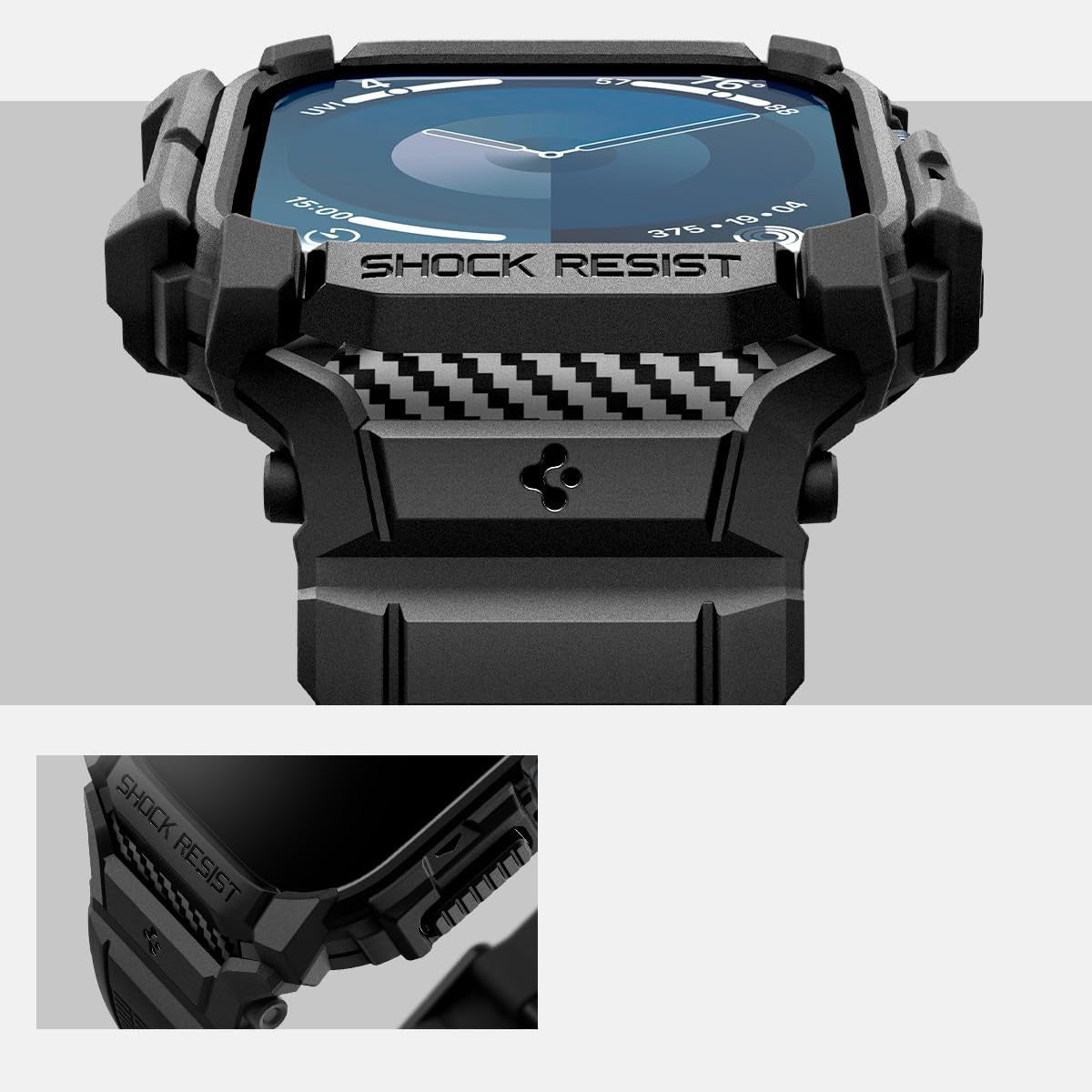 Schutzhülle mit Armband für Apple Watch 11 / 10 42 mm, Spigen Rugged Armor Pro, Schwarz