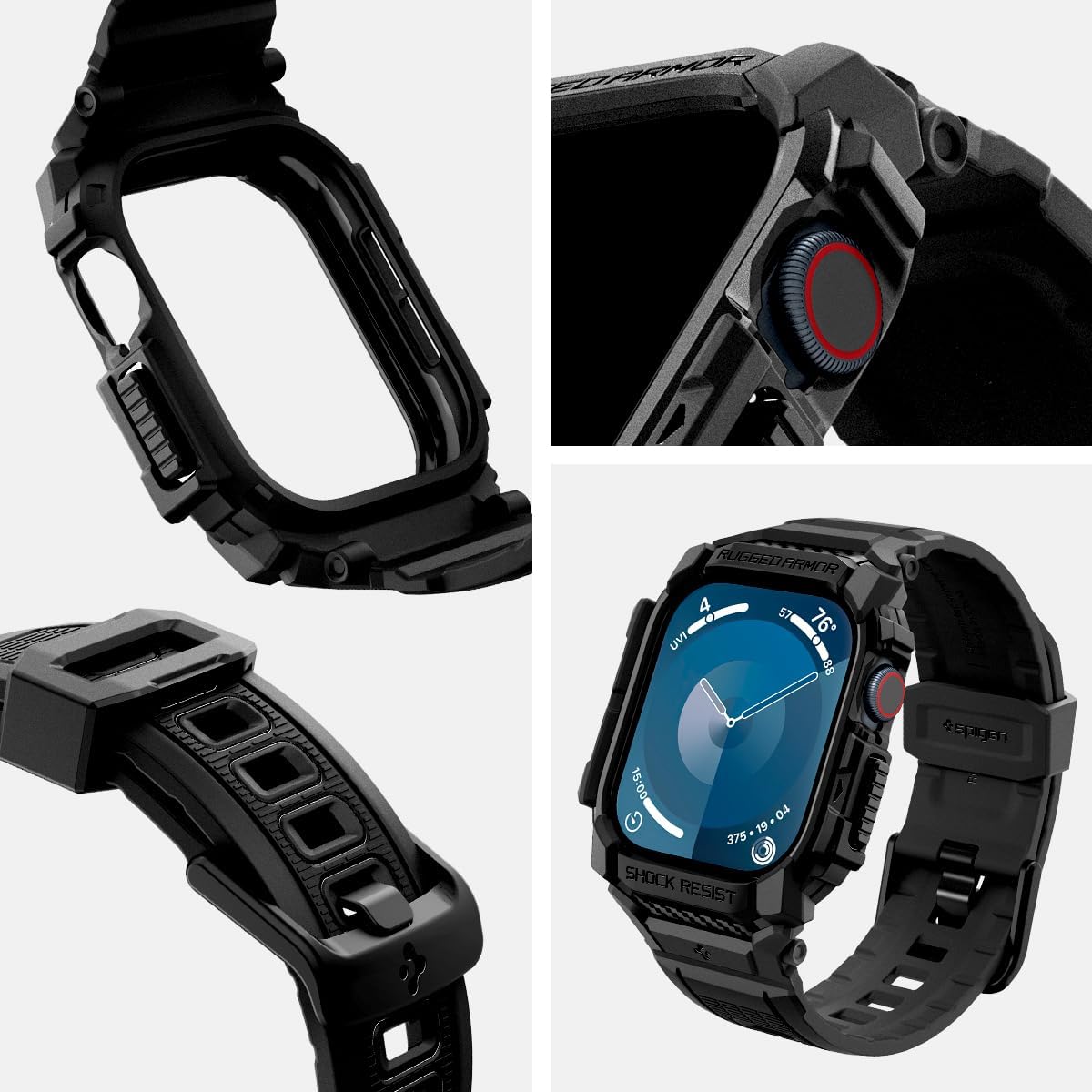 Schutzhülle mit Armband für Apple Watch 11 / 10 42 mm, Spigen Rugged Armor Pro, Schwarz
