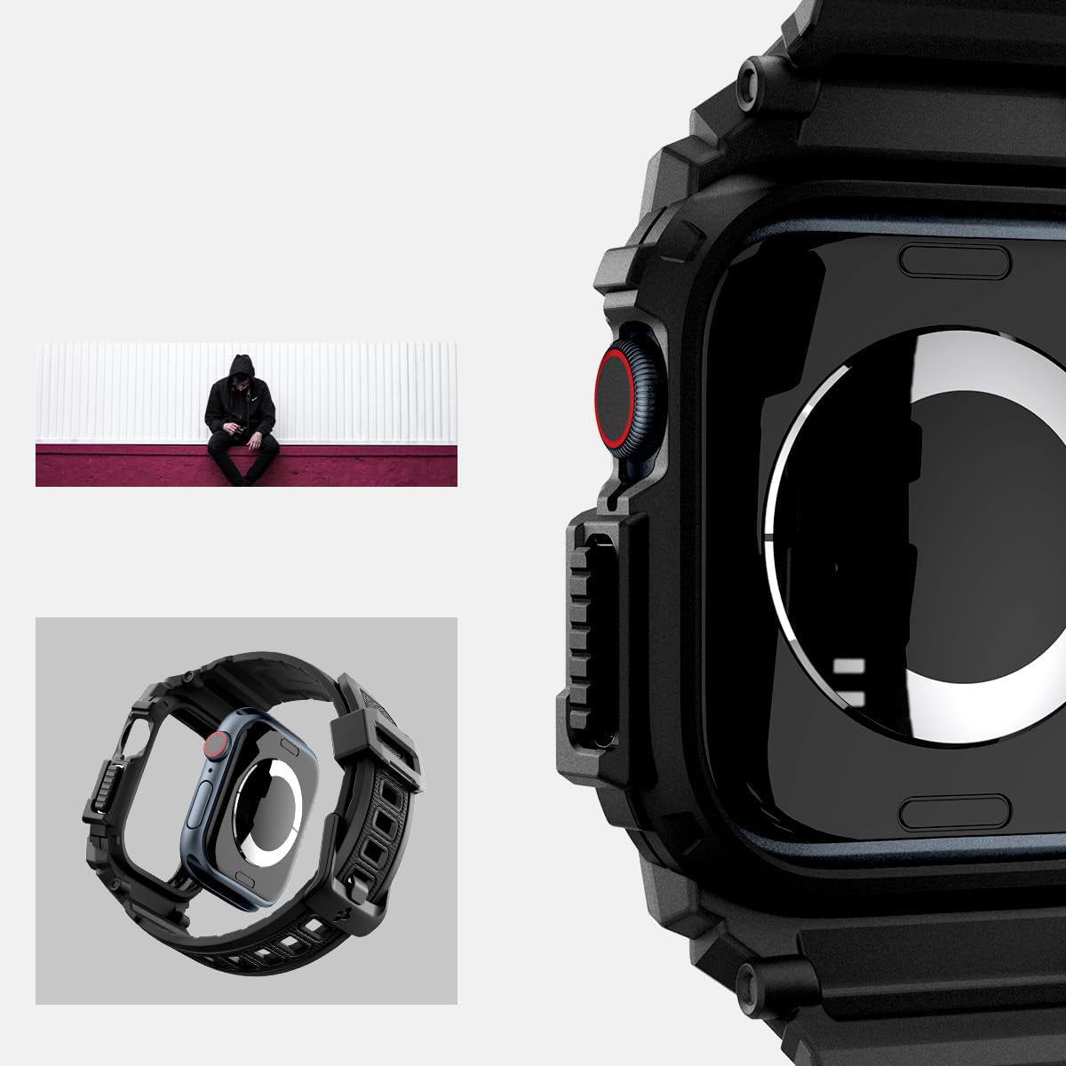 Schutzhülle mit Armband für Apple Watch 11 / 10 42 mm, Spigen Rugged Armor Pro, Schwarz