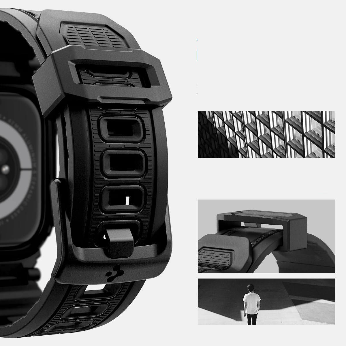 Schutzhülle mit Armband für Apple Watch 11 / 10 46 mm, Spigen Rugged Armor Pro, Schwarz
