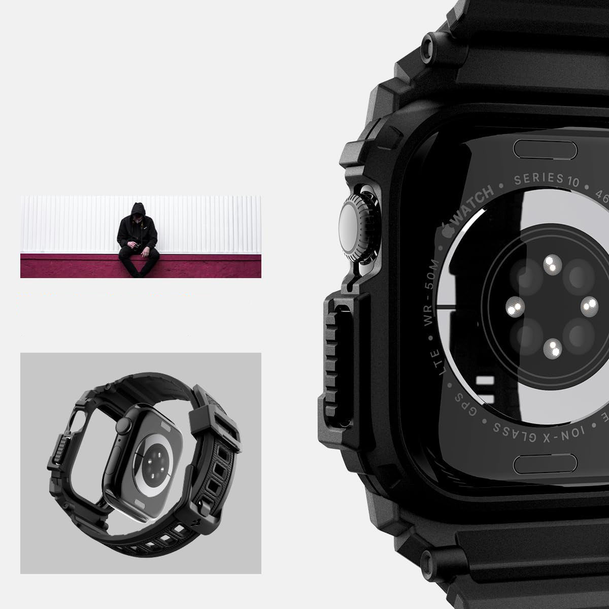 Schutzhülle mit Armband für Apple Watch 11 / 10 46 mm, Spigen Rugged Armor Pro, Schwarz