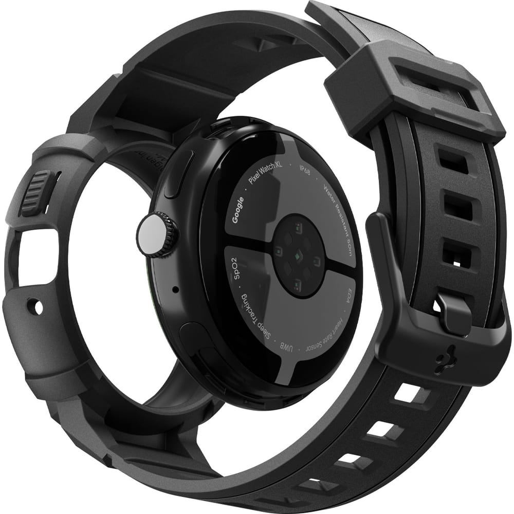 Hülle mit Armband für Google Pixel Watch 4 (45 mm), Spigen Rugged Armor Pro + Stander, Schwarz