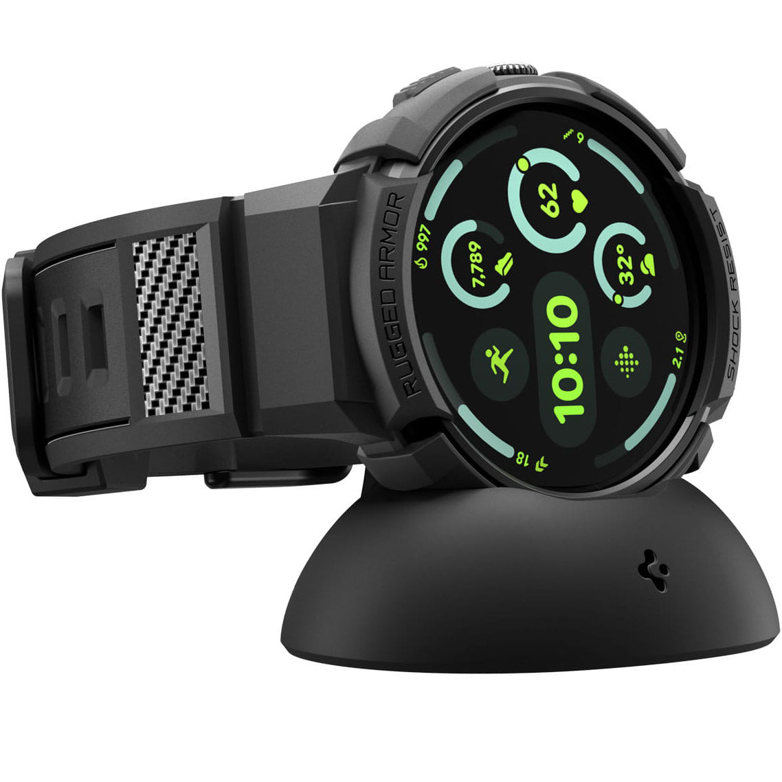 Hülle mit Armband für Google Pixel Watch 4 (45 mm), Spigen Rugged Armor Pro + Stander, Schwarz