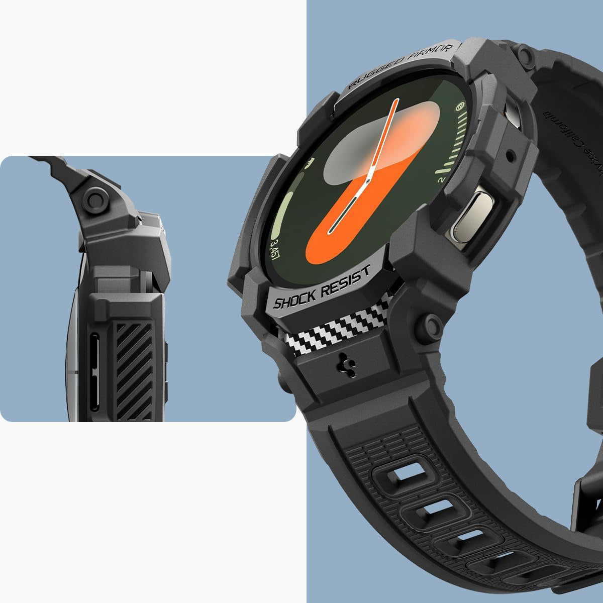 Schutzhülle mit Armband für Galaxy Watch 7 44mm, Spigen Rugged Armor Pro, Schwarz