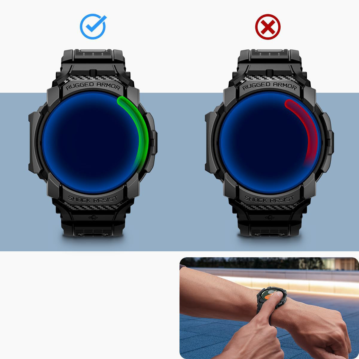 Schutzhülle mit Armband für Galaxy Watch 7 44mm, Spigen Rugged Armor Pro, Schwarz