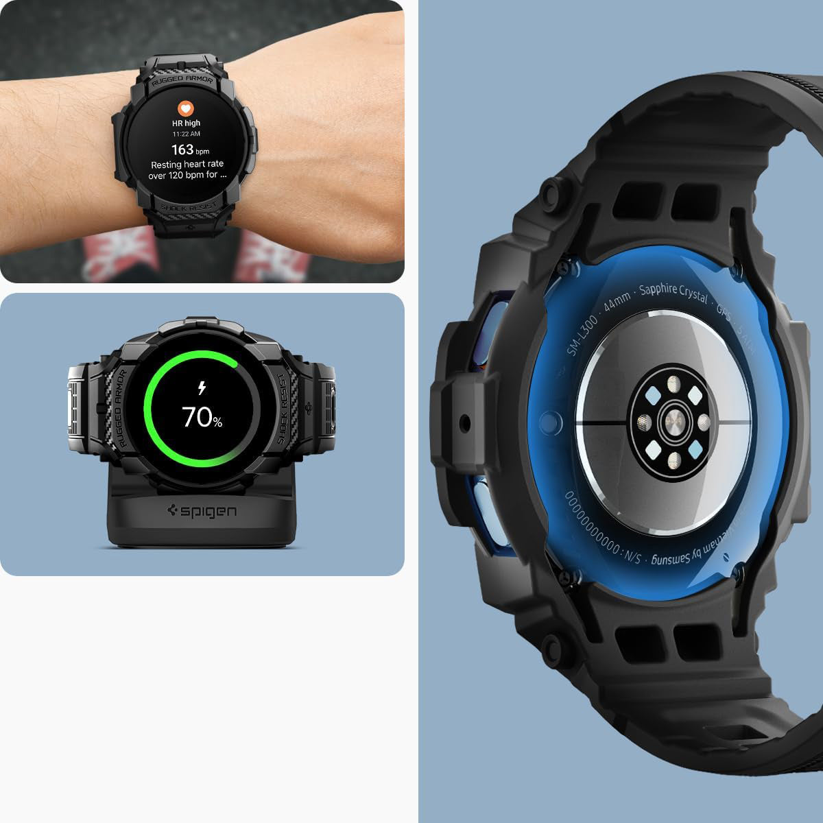 Schutzhülle mit Armband für Galaxy Watch 7 44mm, Spigen Rugged Armor Pro, Schwarz