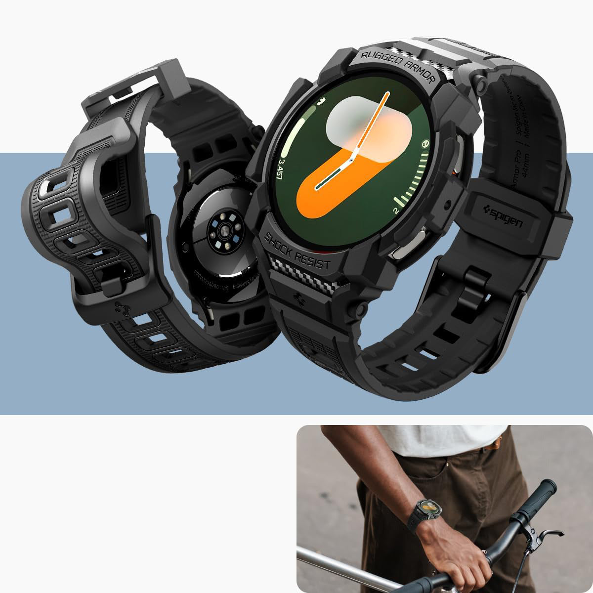 Schutzhülle mit Armband für Galaxy Watch 7 44mm, Spigen Rugged Armor Pro, Schwarz