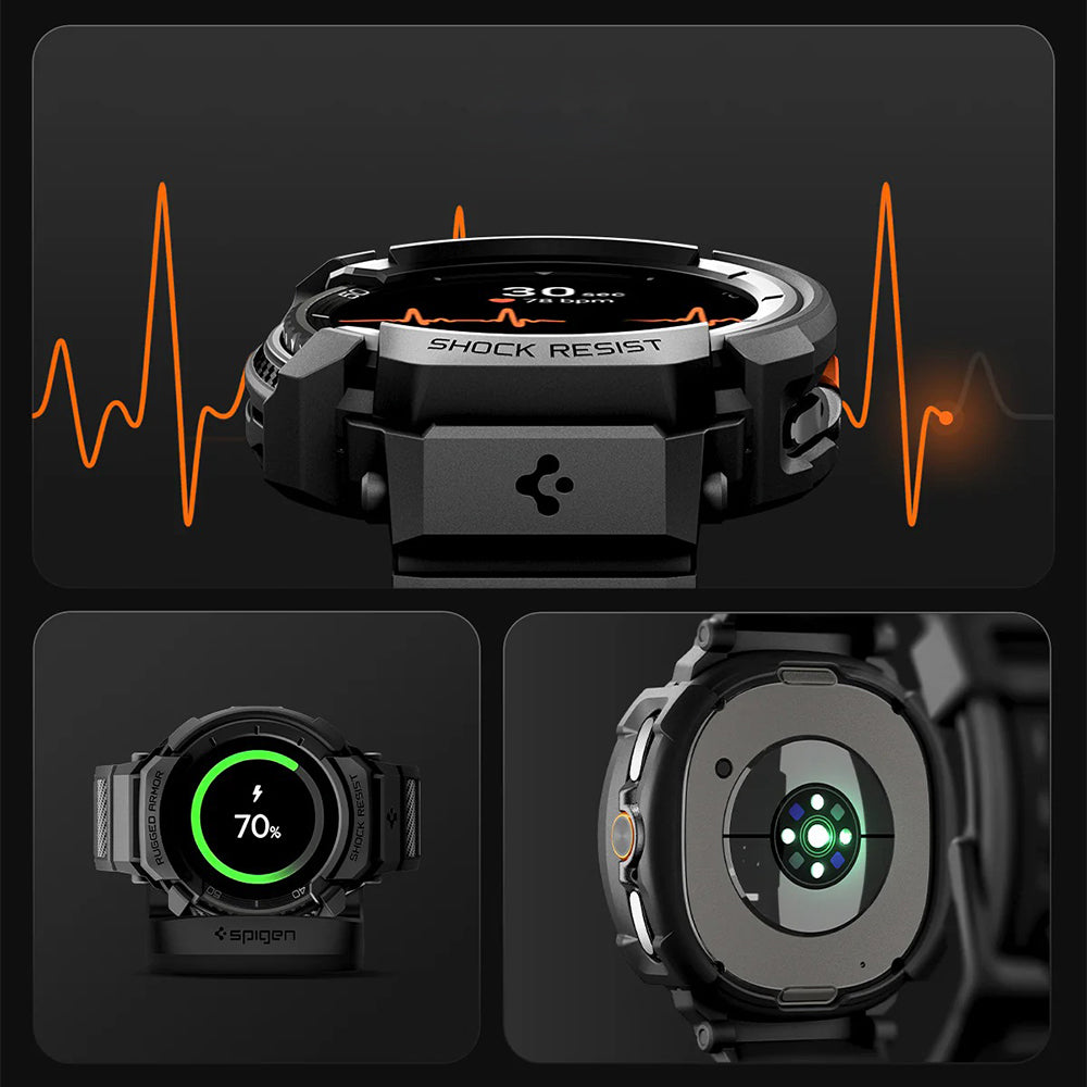 Schutzhülle mit Armband für Galaxy Watch 8 Classic 46mm, Spigen Rugged Armor Pro, Schwarz