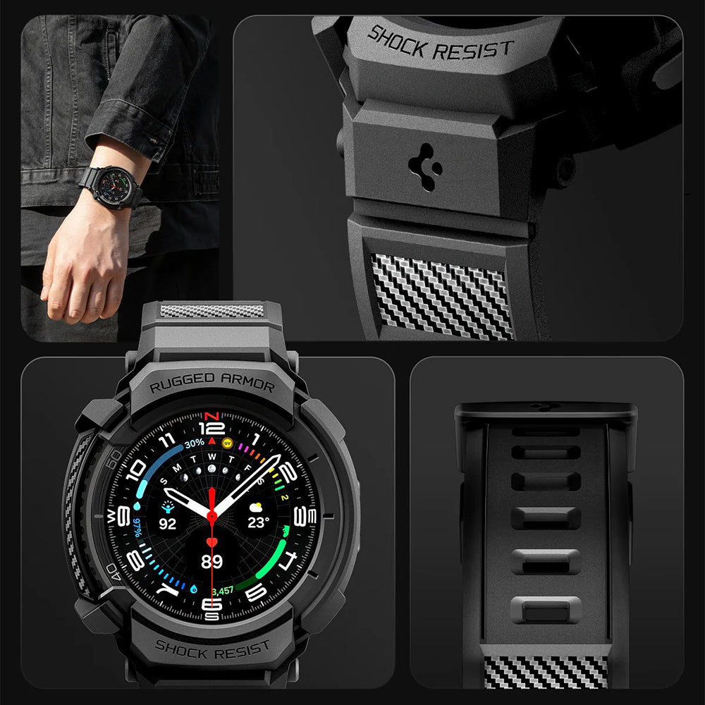 Schutzhülle mit Armband für Galaxy Watch 8 Classic 46mm, Spigen Rugged Armor Pro, Schwarz