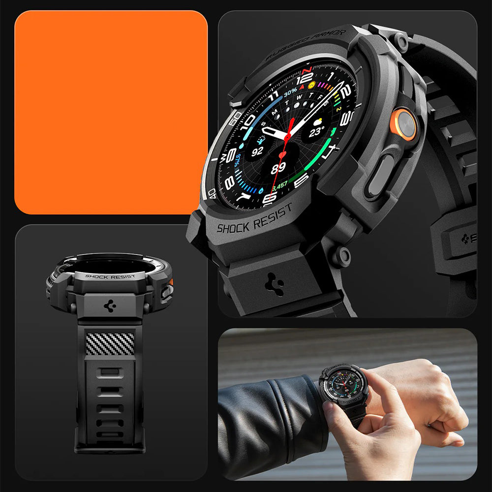 Schutzhülle mit Armband für Galaxy Watch 8 Classic 46mm, Spigen Rugged Armor Pro, Schwarz