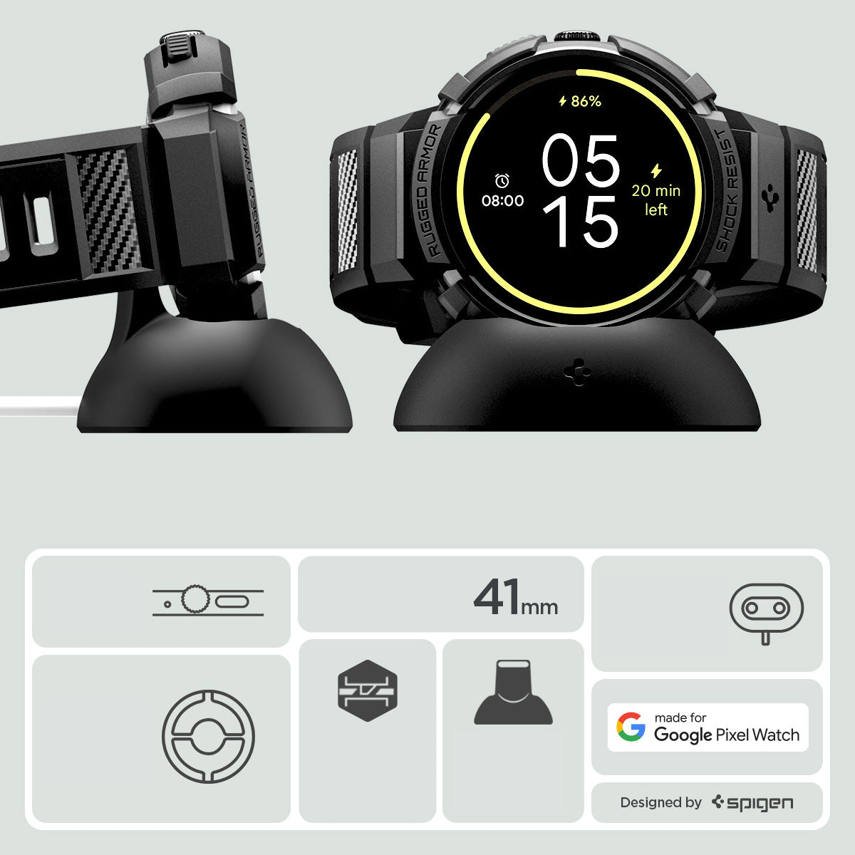Hülle mit Armband für Google Pixel Watch 4 (41 mm), Spigen Rugged Armor Pro, Schwarz