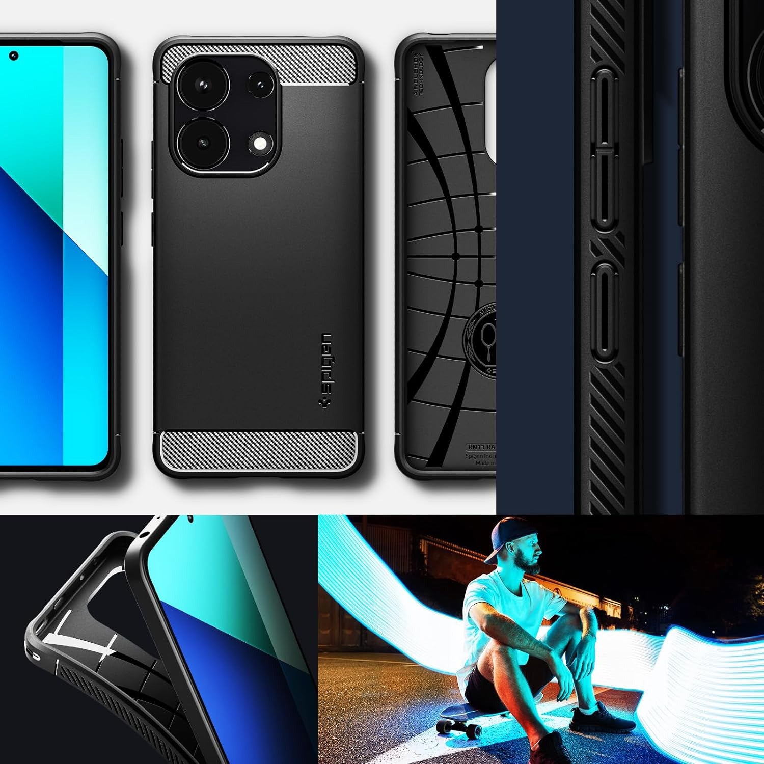 Schutzhülle für Xiaomi Redmi Note 13 4G, Spigen Rugged Armor, Schwarz