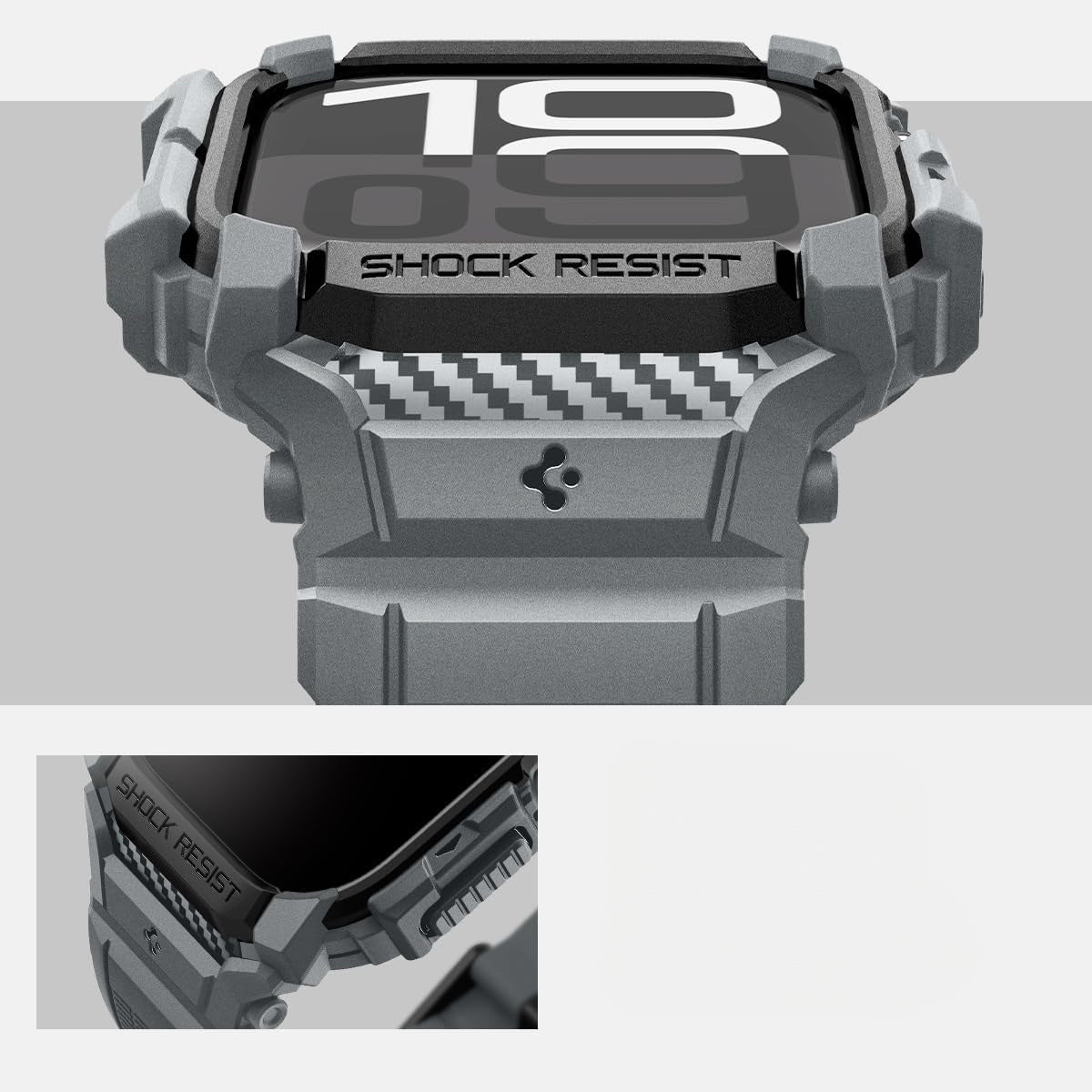 Schutzhülle mit Armband für Apple Watch 11 / 10 46 mm, Spigen Rugged Armor Pro, Grau