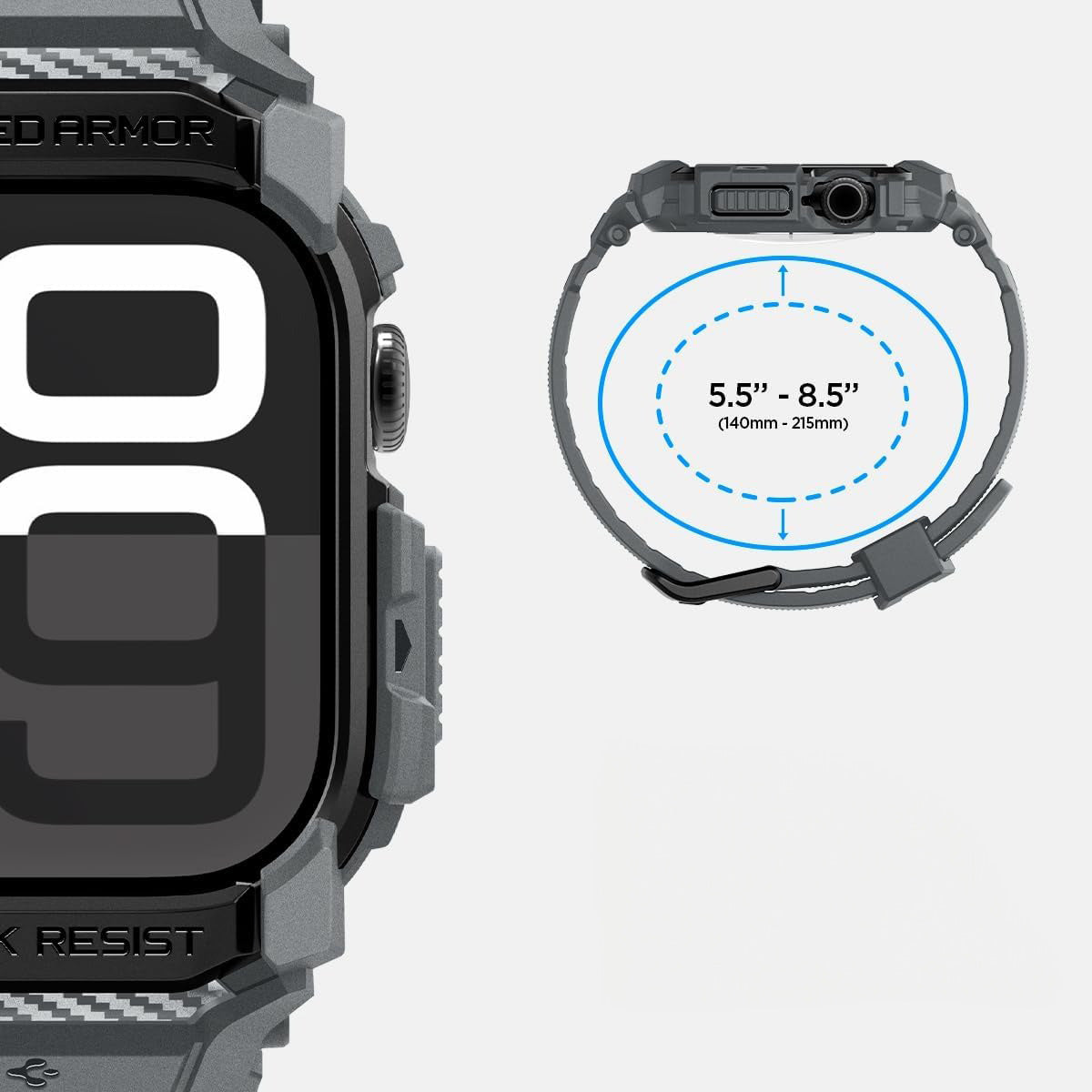 Schutzhülle mit Armband für Apple Watch 11 / 10 46 mm, Spigen Rugged Armor Pro, Grau