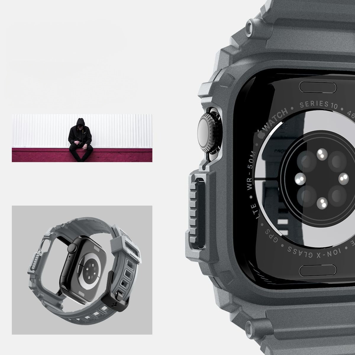 Schutzhülle mit Armband für Apple Watch 11 / 10 46 mm, Spigen Rugged Armor Pro, Grau