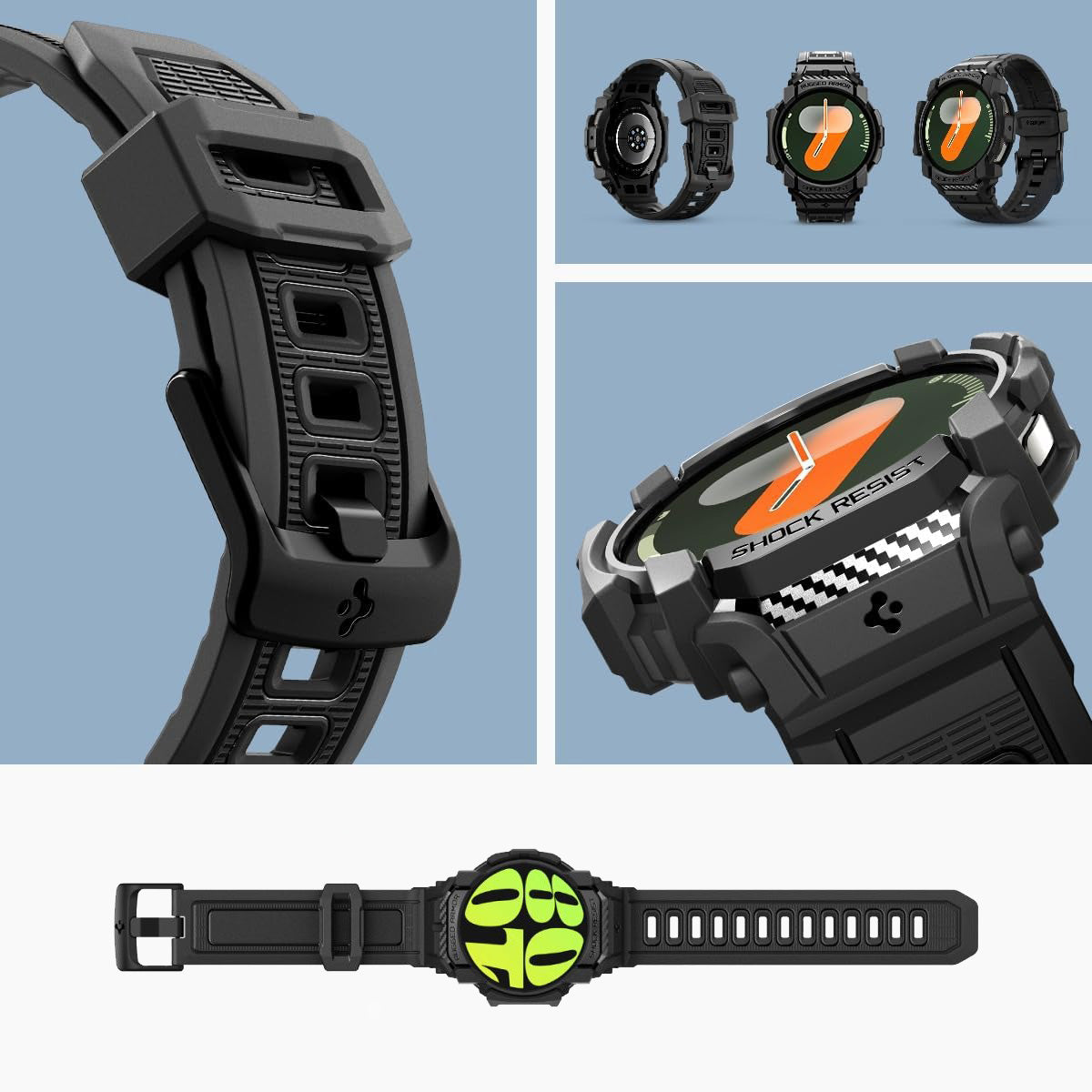 Schutzhülle mit Armband für Galaxy Watch 7 40mm, Spigen Rugged Armor Pro, Schwarz