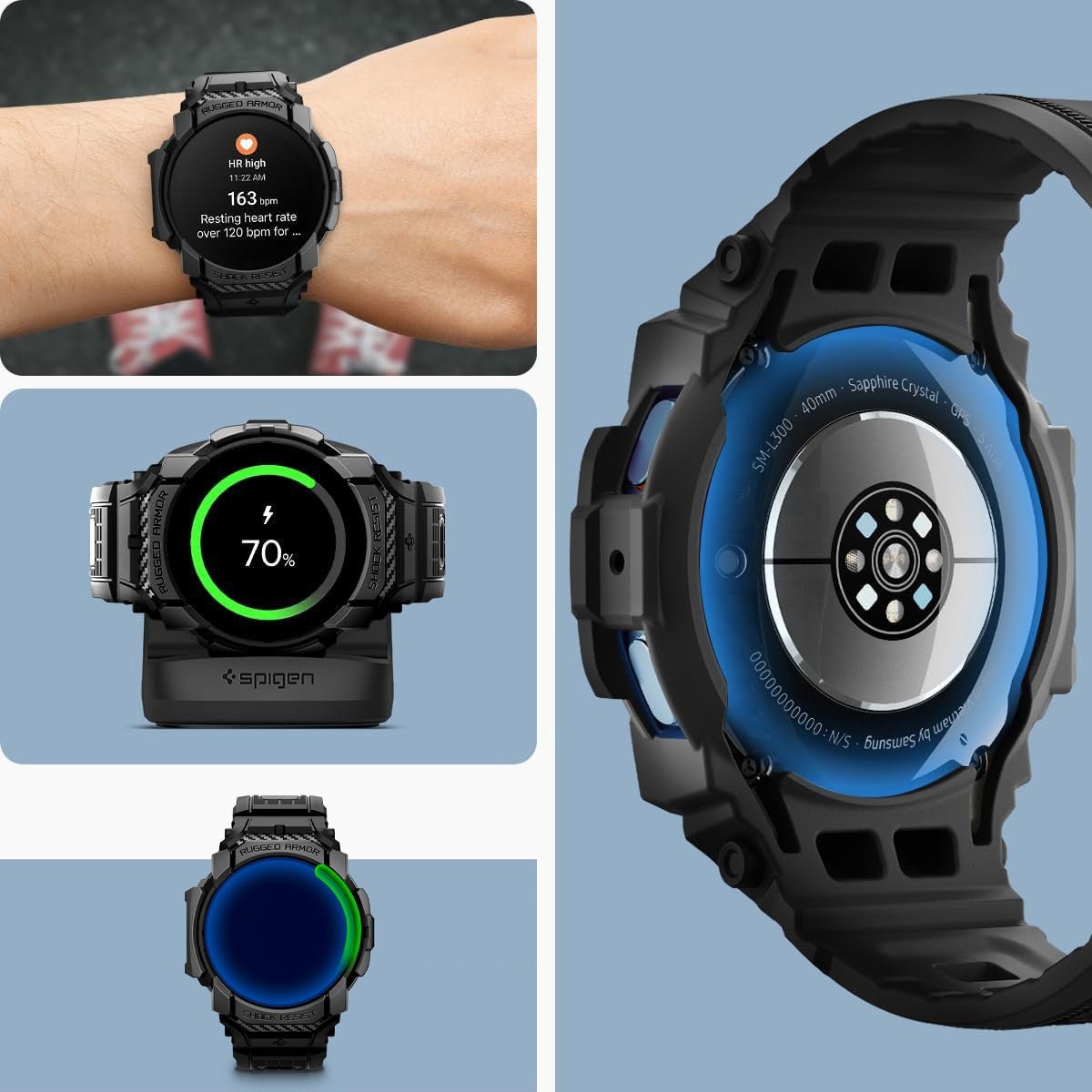 Schutzhülle mit Armband für Galaxy Watch 7 40mm, Spigen Rugged Armor Pro, Schwarz