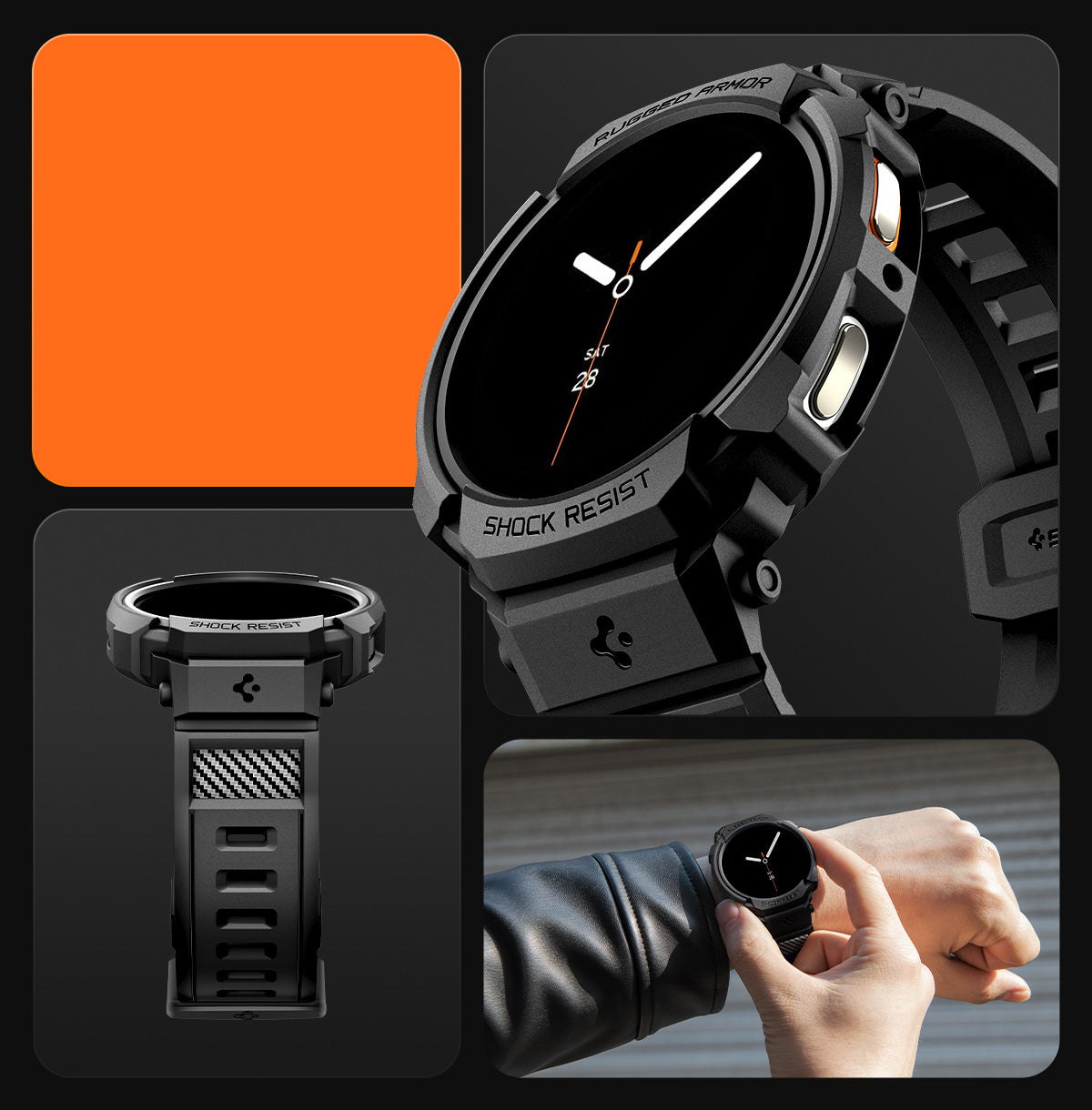 Schutzhülle mit Armband für Galaxy Watch 8 44mm, Spigen Rugged Armor Pro, Schwarz