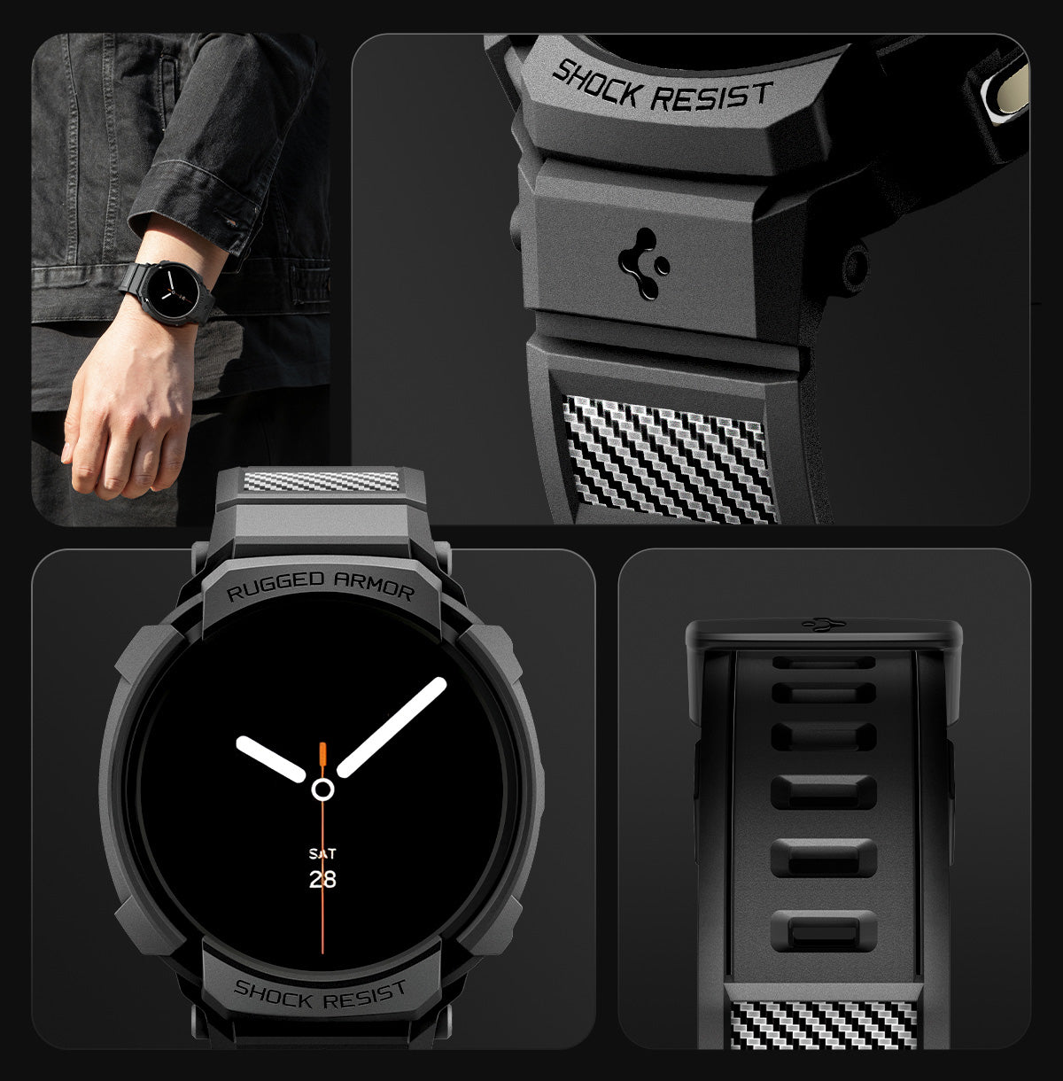 Schutzhülle mit Armband für Galaxy Watch 8 44mm, Spigen Rugged Armor Pro, Schwarz