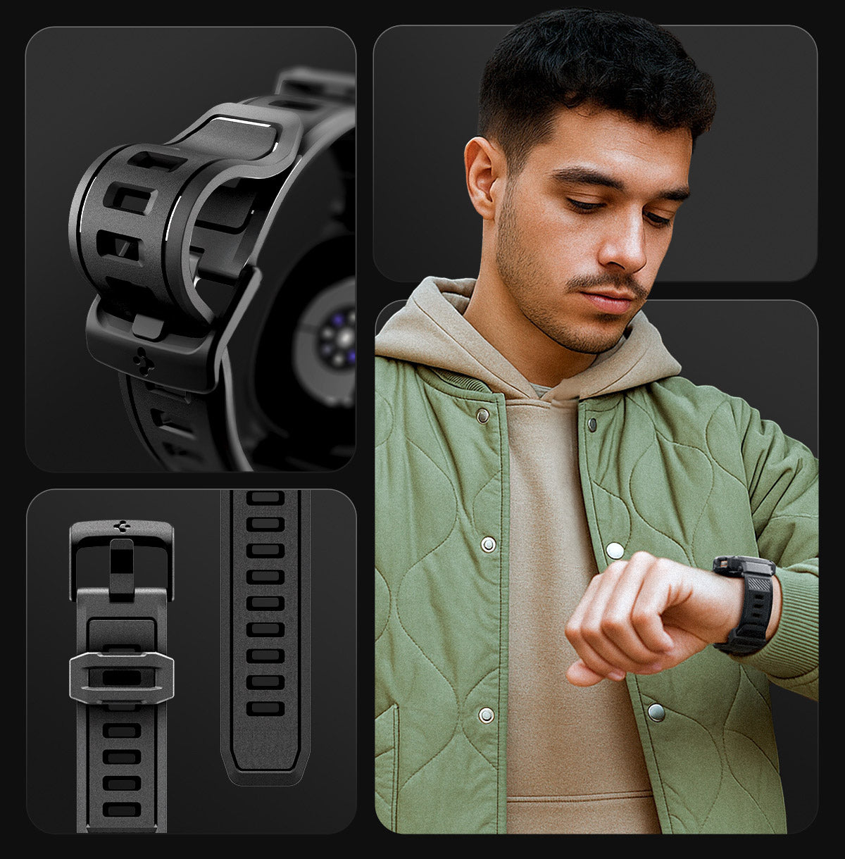 Schutzhülle mit Armband für Galaxy Watch 8 44mm, Spigen Rugged Armor Pro, Schwarz