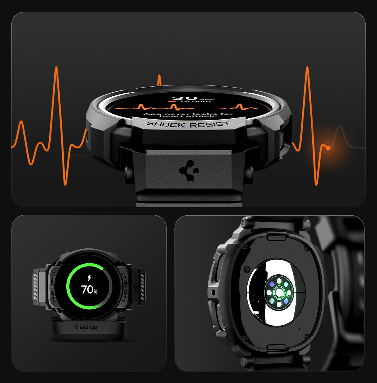 Schutzhülle mit Armband für Galaxy Watch 8 44mm, Spigen Rugged Armor Pro, Schwarz