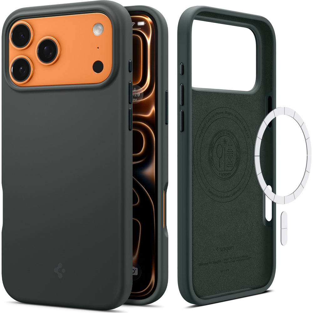 Handyhülle für iPhone 17 Pro, Spigen Silicone Fit Mag mit MagSafe, Grün