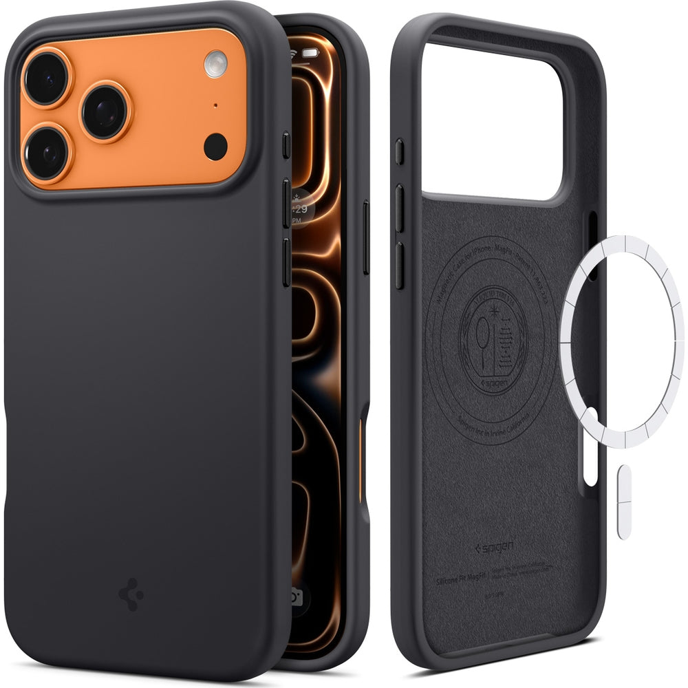 Handyhülle für iPhone 17 Pro, Spigen Silicone Fit Mag mit MagSafe, Schwarz