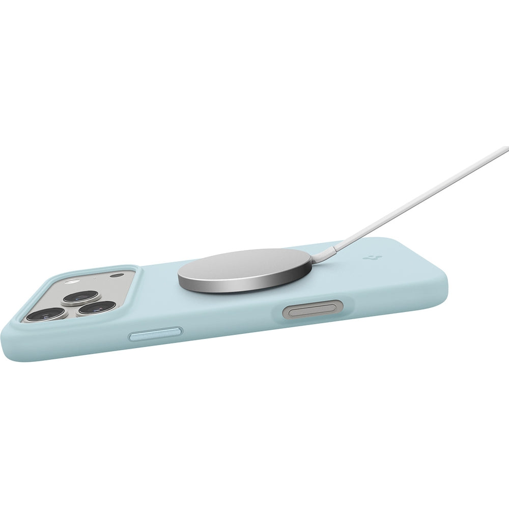 Handyhülle für iPhone 17 Pro, Spigen Silicone Fit Mag mit MagSafe, Hellblau