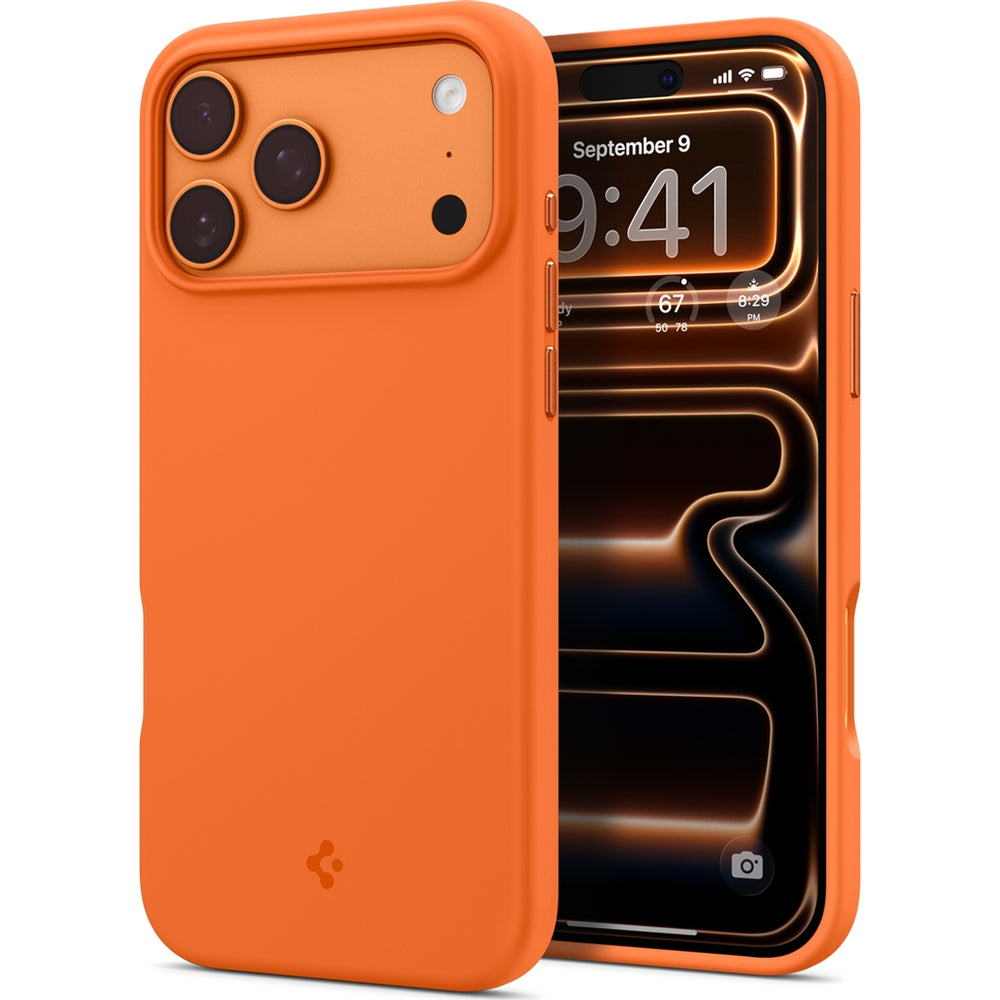 Handyhülle für iPhone 17 Pro, Spigen Silicone Fit Mag mit MagSafe, Orange
