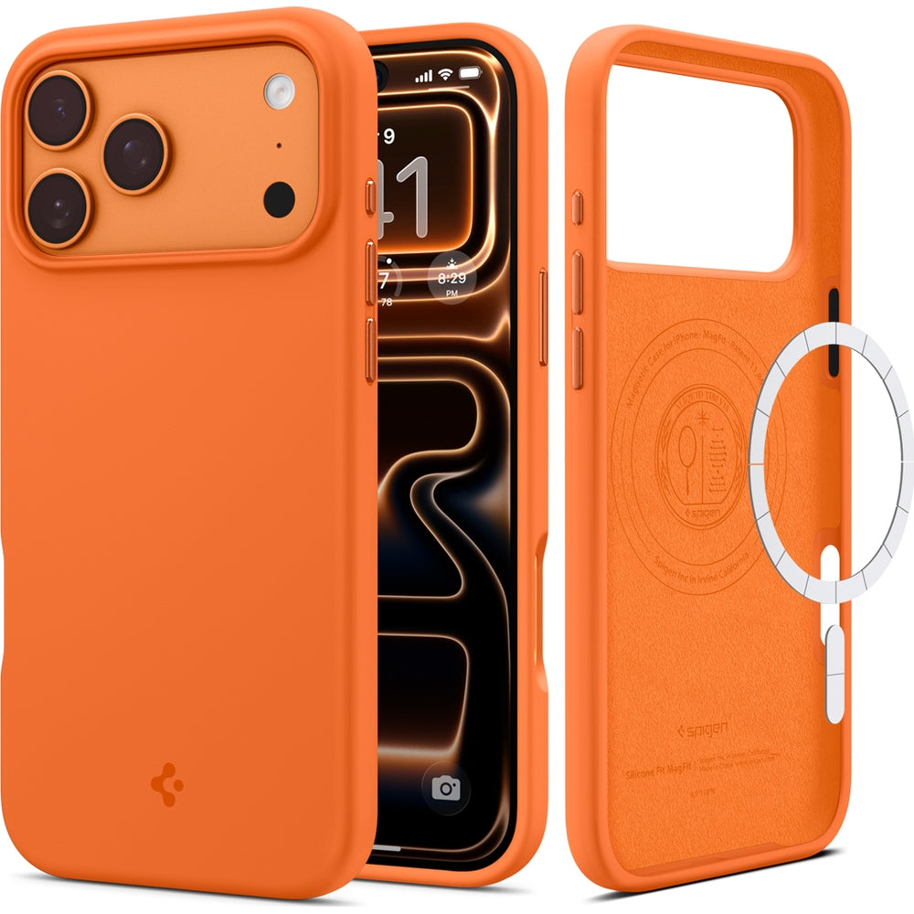 Handyhülle für iPhone 17 Pro, Spigen Silicone Fit Mag mit MagSafe, Orange