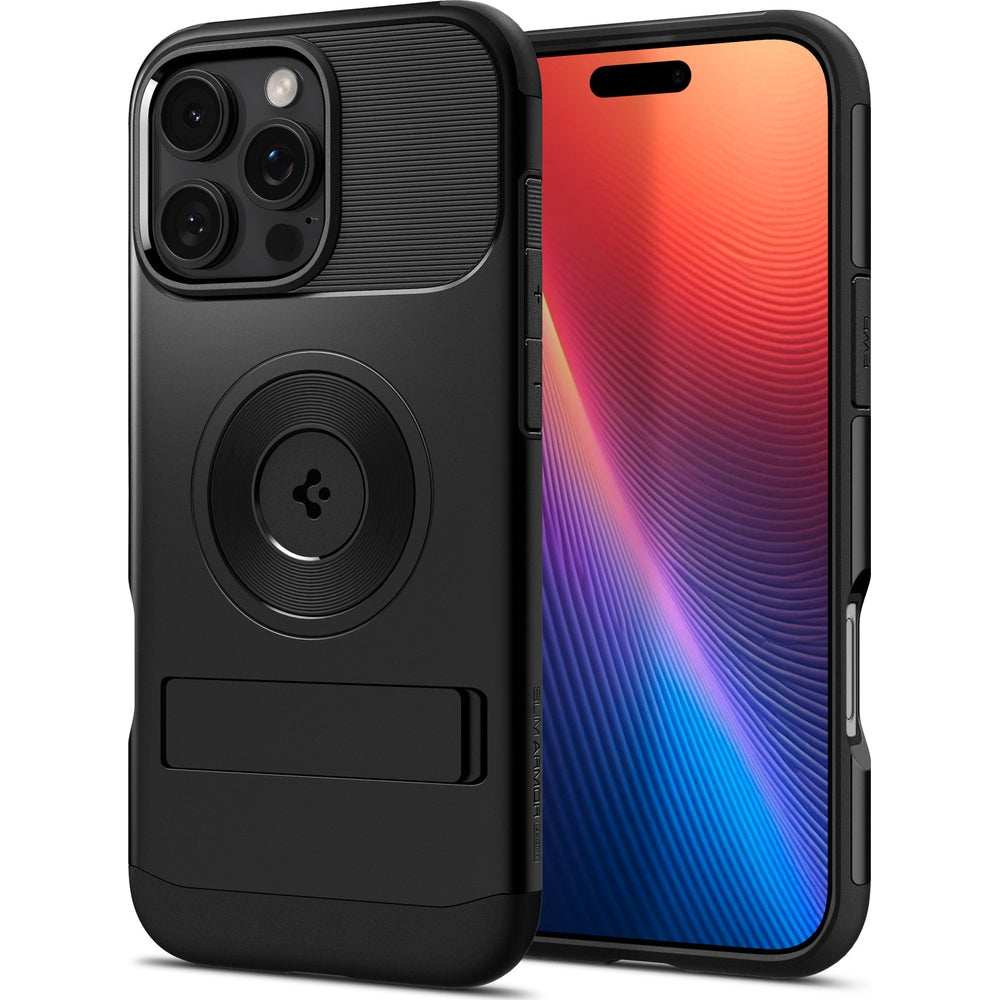 Handyhülle für iPhone 16 Pro, Spigen Slim Armor Mag mit MagSafe, Schwarz