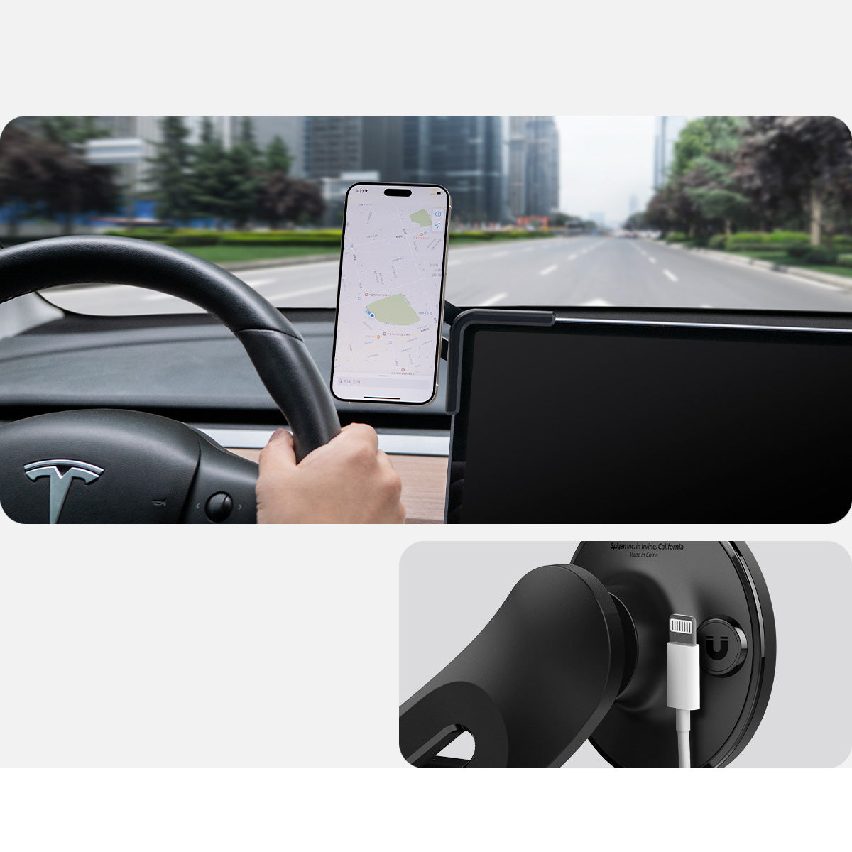 Auto Handyhalterung für Tesla Model 3/X/S/Y/Cybertruck, Spigen TapLock Car Mount Holder für iPhone mit MagSafe, Schwarz
