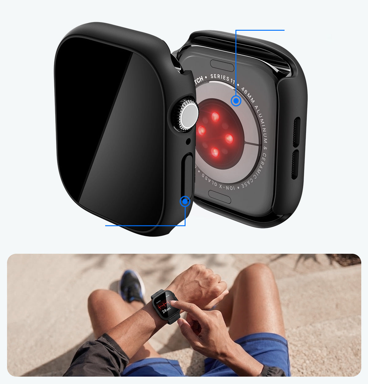 Schutzhülle + Glas für Apple Watch 11 / 10 46 mm, Spigen Thin Fit 360, Schwarz