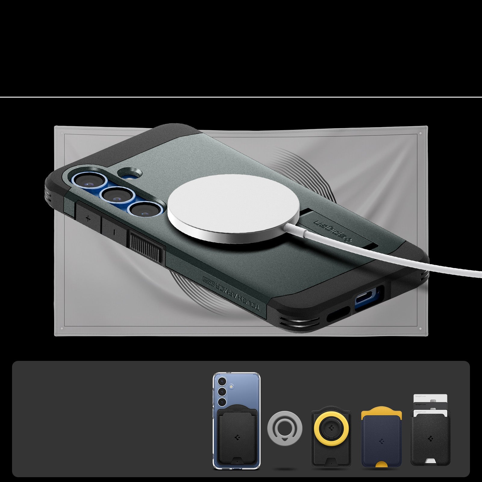 Handyhülle für Galaxy S25, Spigen Tough Armor Mag mit MagSafe, Grün