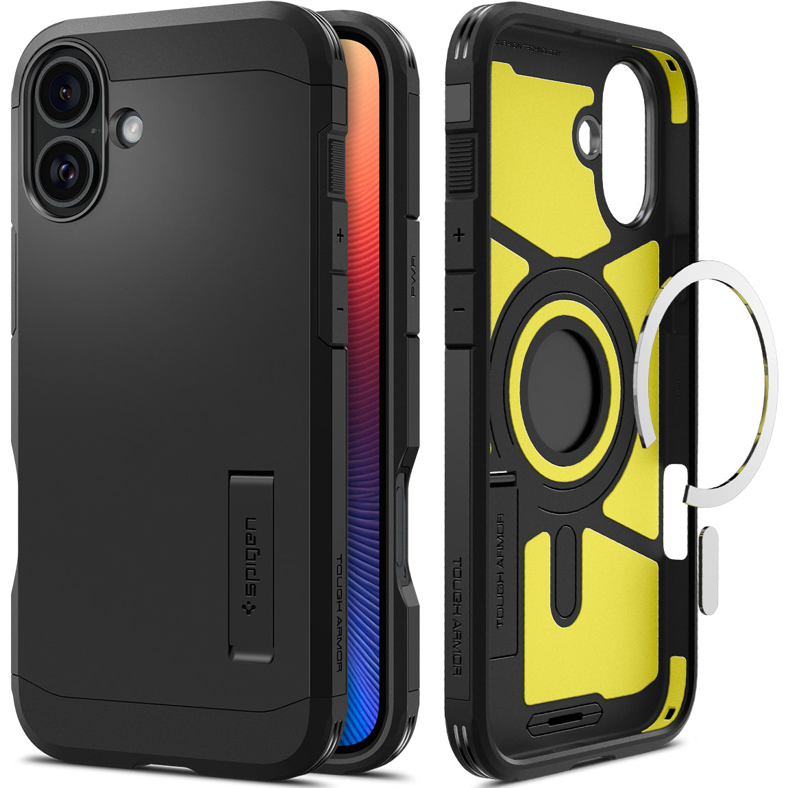 Handyhülle für iPhone 16, Spigen Tough Armor Mag mit MagSafe, Schwarz