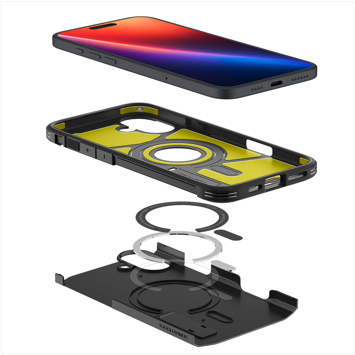 Handyhülle für iPhone 16, Spigen Tough Armor Mag mit MagSafe, Schwarz