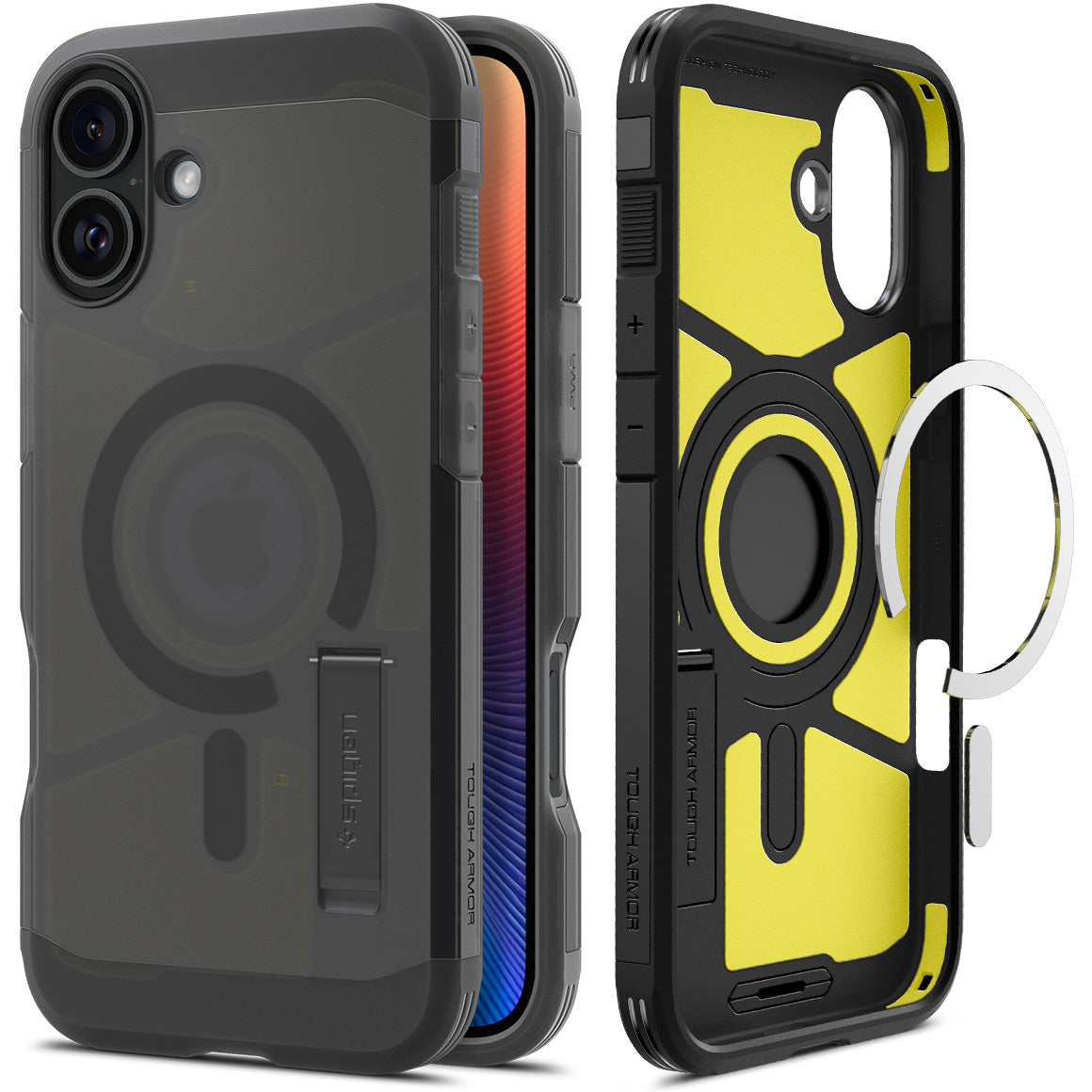 Handyhülle für iPhone 16, Spigen Tough Armor Mag mit MagSafe, Rauchfarben