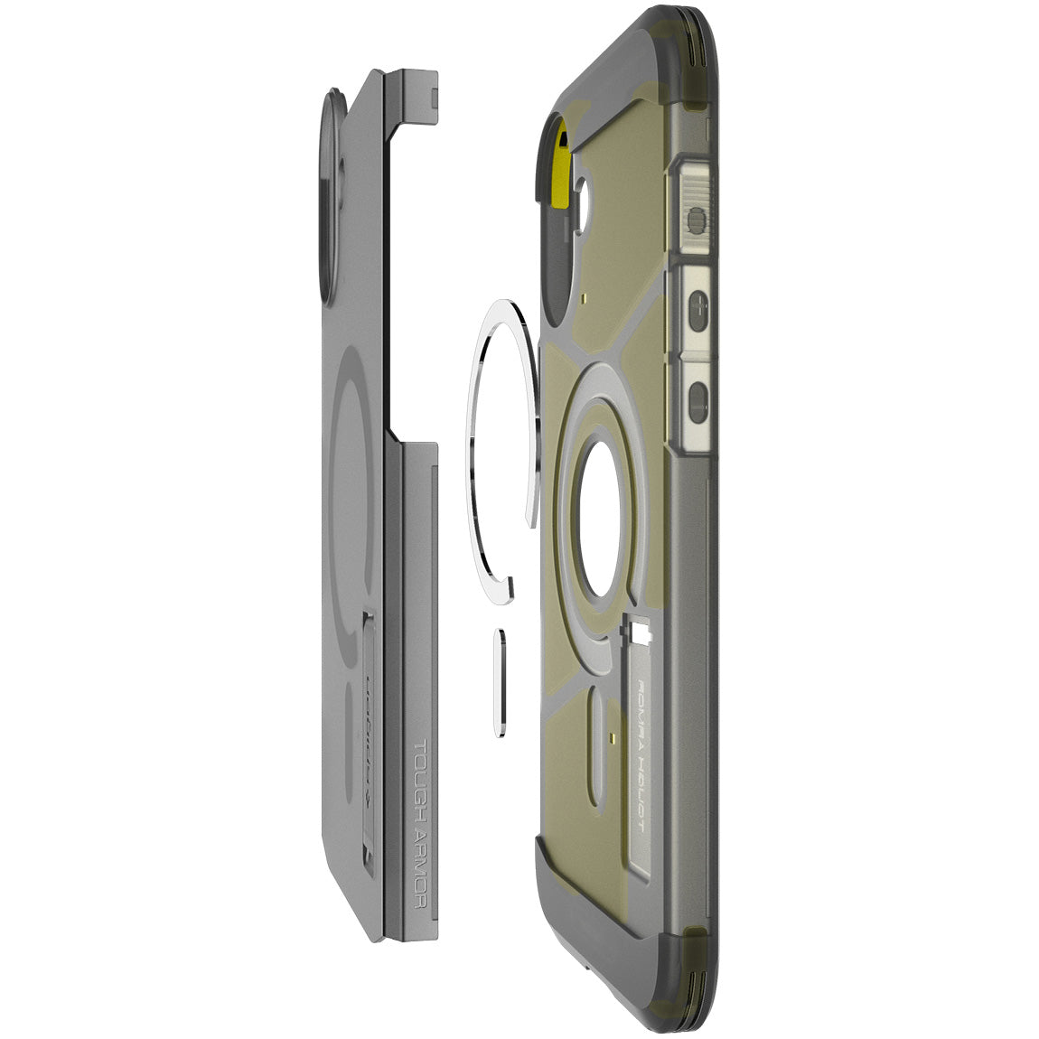 Handyhülle für iPhone 16, Spigen Tough Armor Mag mit MagSafe, Rauchfarben
