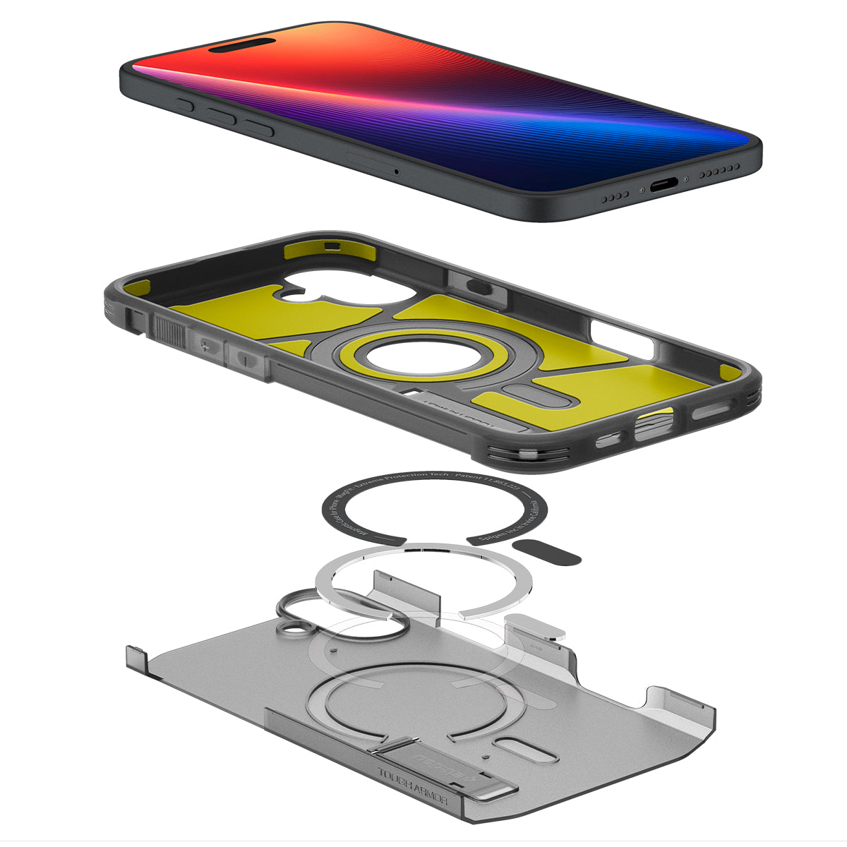 Handyhülle für iPhone 16, Spigen Tough Armor Mag mit MagSafe, Rauchfarben