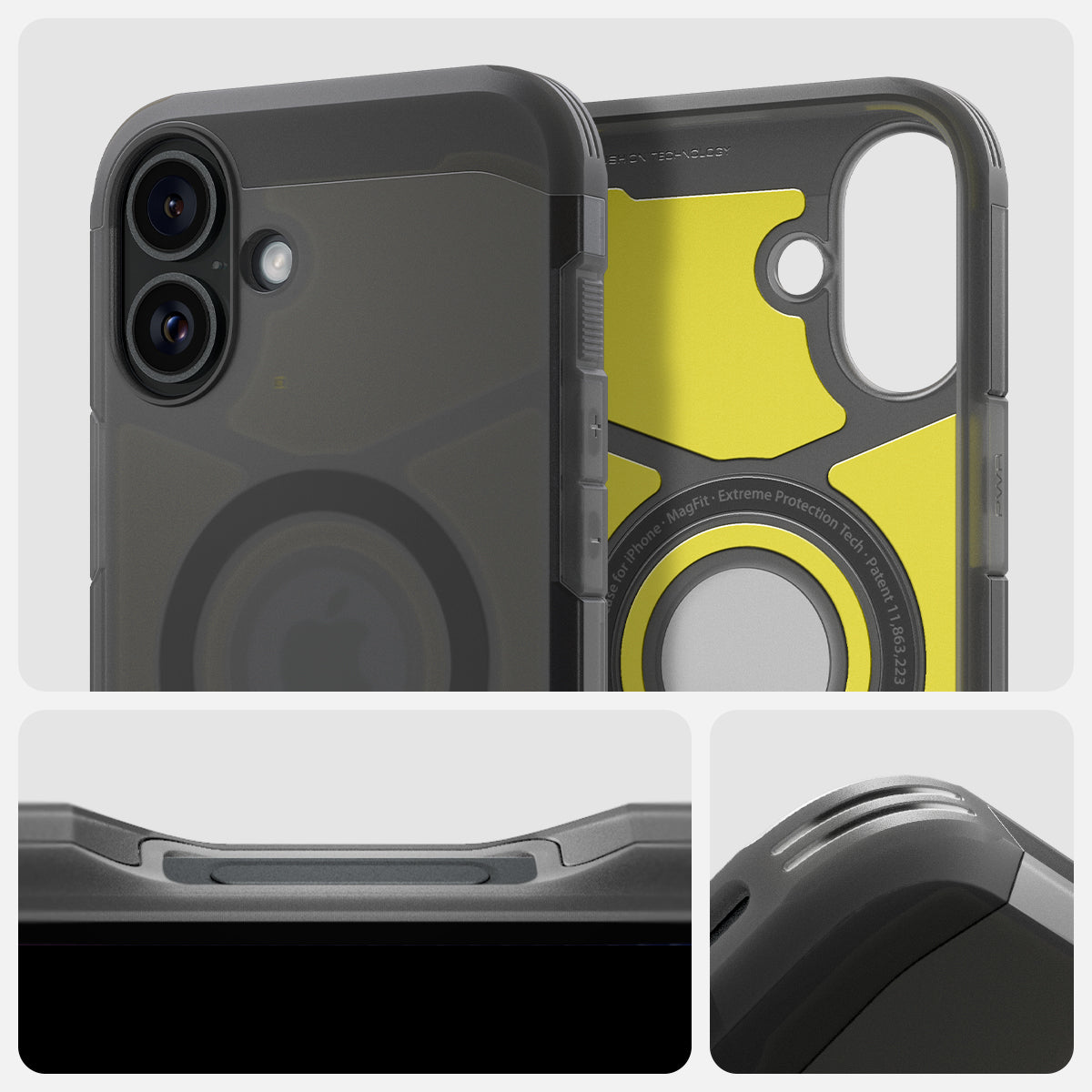 Handyhülle für iPhone 16, Spigen Tough Armor Mag mit MagSafe, Rauchfarben