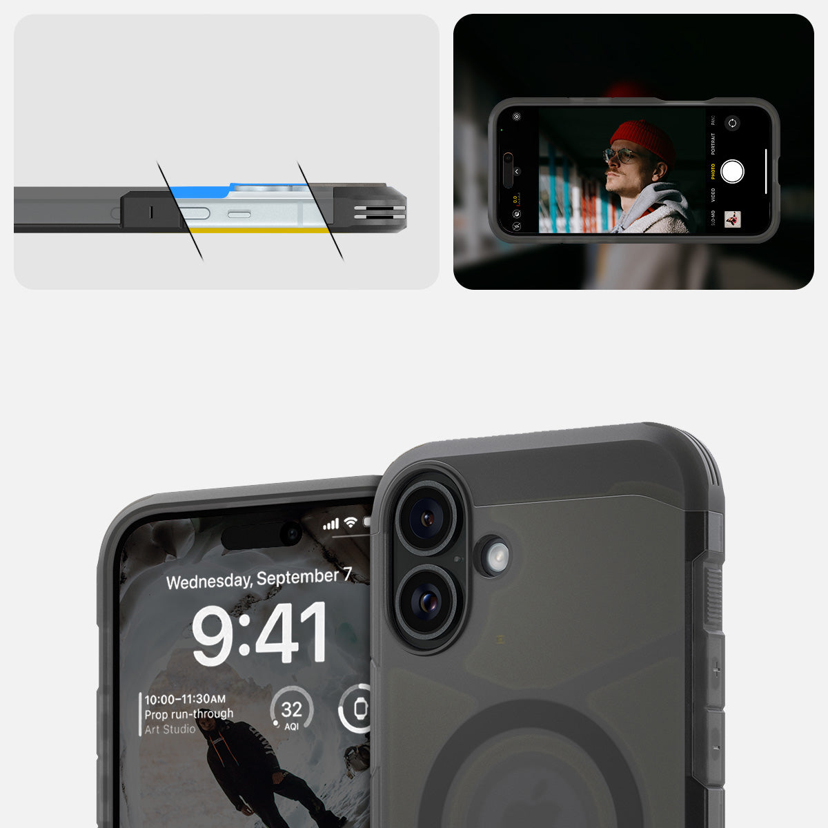 Handyhülle für iPhone 16, Spigen Tough Armor Mag mit MagSafe, Rauchfarben